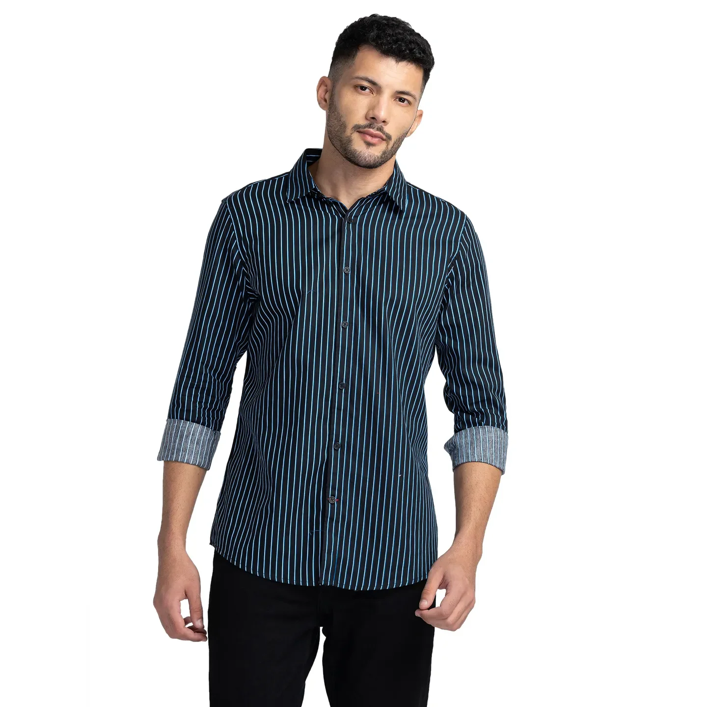 Black Slim Straight Fit Regular Collar Long Sleeves Cotton Men's Shirt by Being Human Clothing