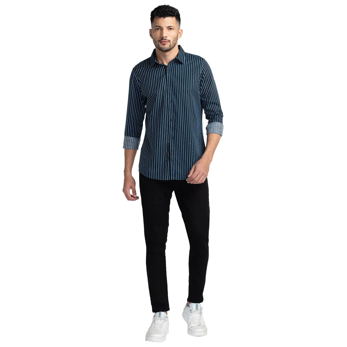 Black Slim Straight Fit Regular Collar Long Sleeves Cotton Men's Shirt by Being Human Clothing - Image 2