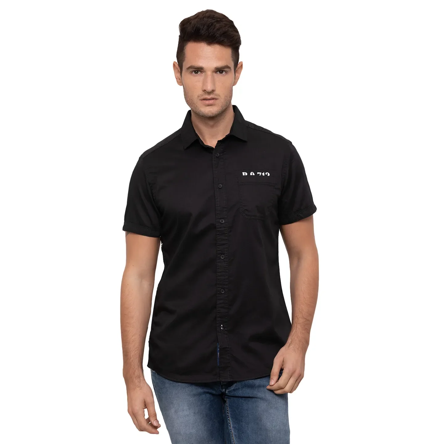 Black Slim Straight Fit Regular Collar Short Sleeves Cotton Men's Shirt by Being Human Clothing