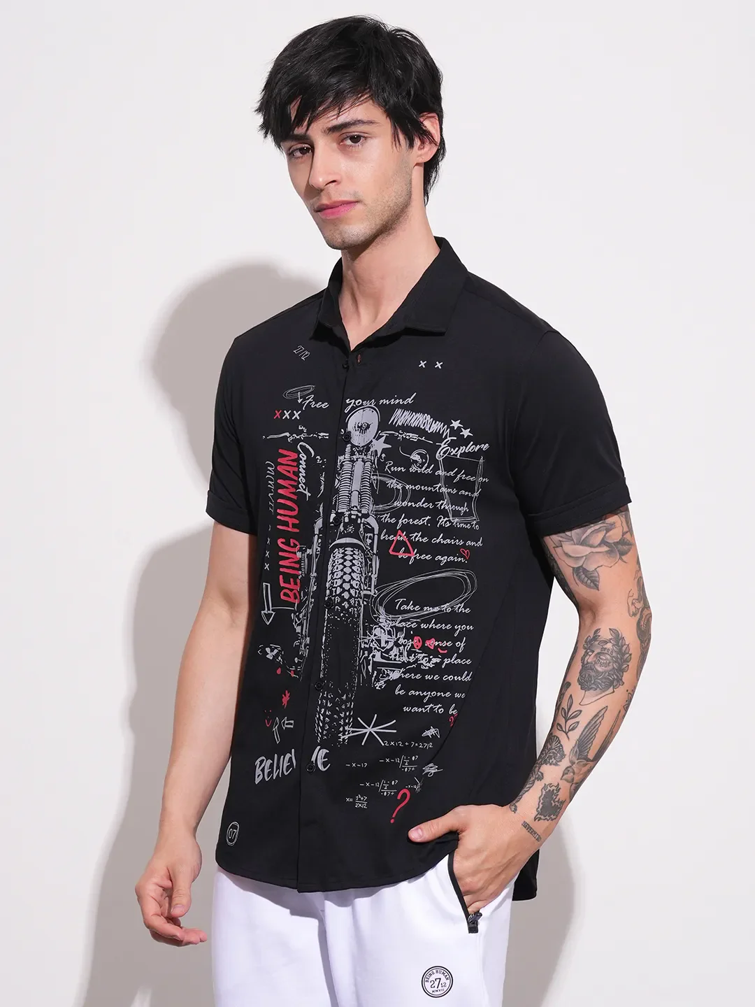 Black Slim Straight Fit Regular Collar Short Sleeves Cotton Men's Shirt by Being Human Clothing - Image 2