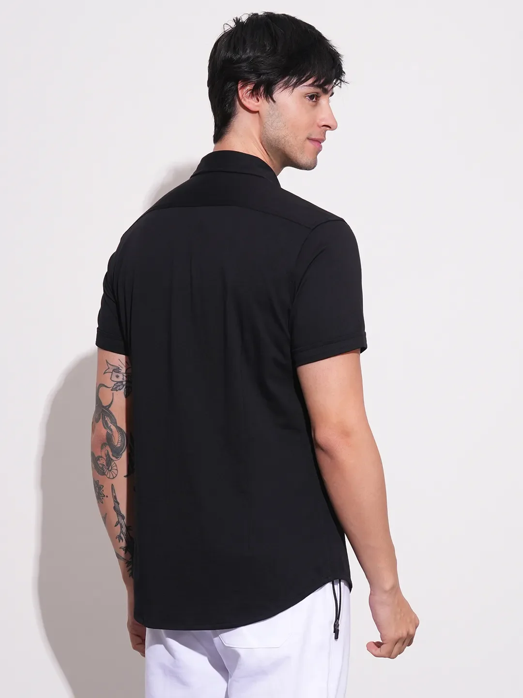 Black Slim Straight Fit Regular Collar Short Sleeves Cotton Men's Shirt by Being Human Clothing - Image 3