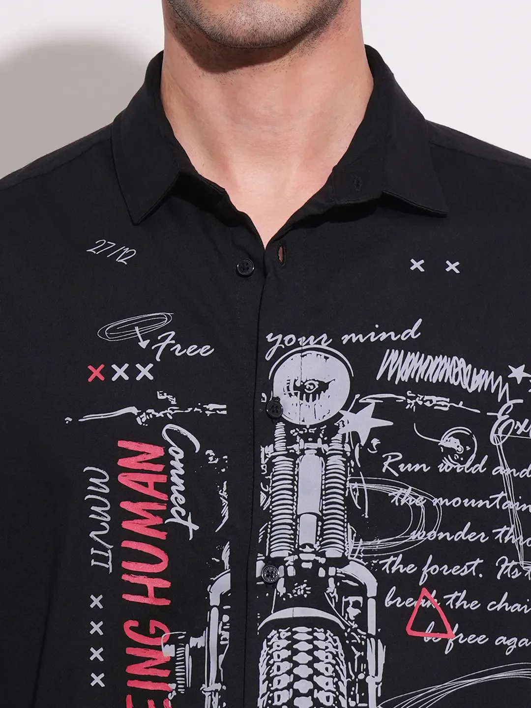 Black Slim Straight Fit Regular Collar Short Sleeves Cotton Men's Shirt by Being Human Clothing - Image 5