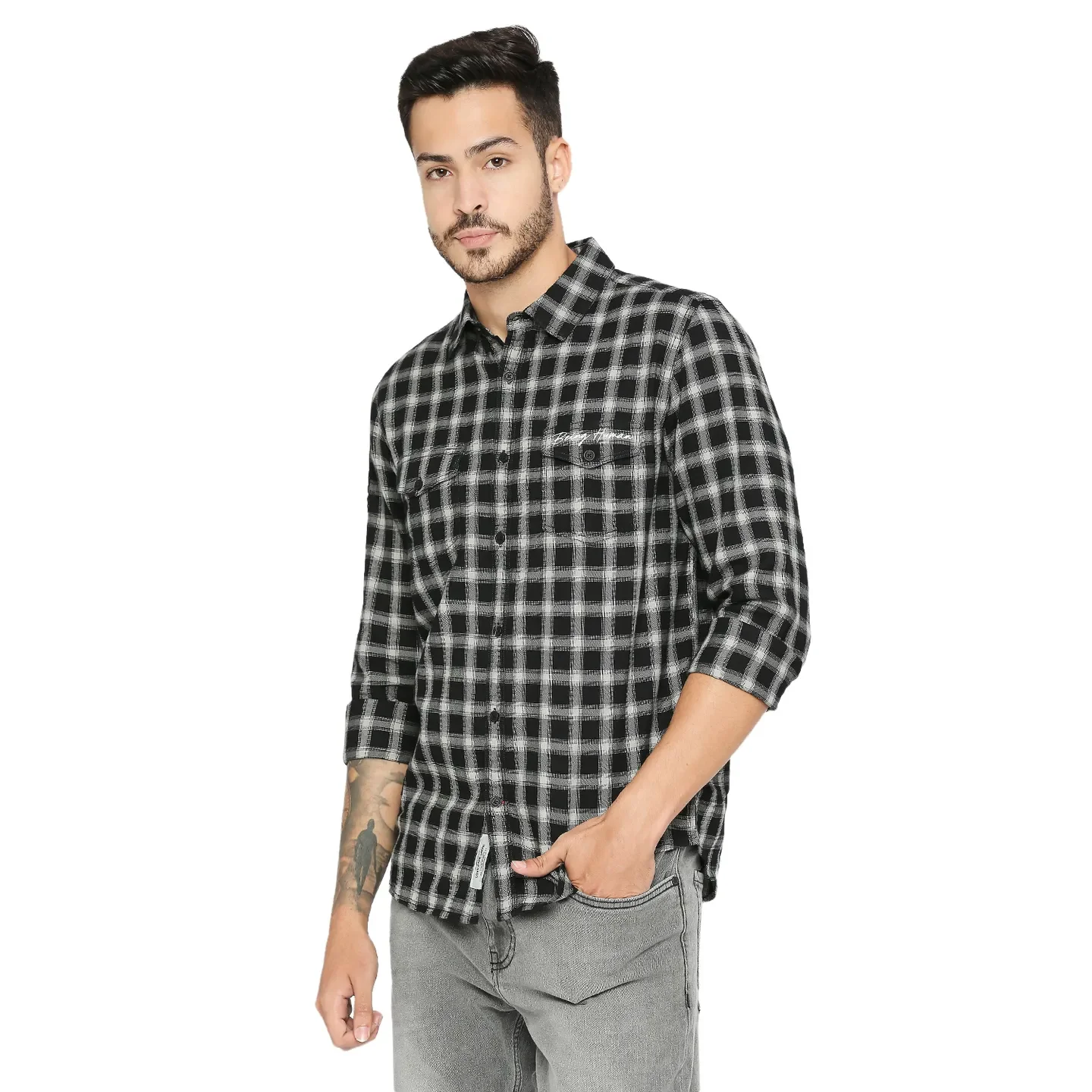 Black Slim Straight Fit Regular Collar Short Sleeves Cotton Men's Shirt by Being Human Clothing - Image 2