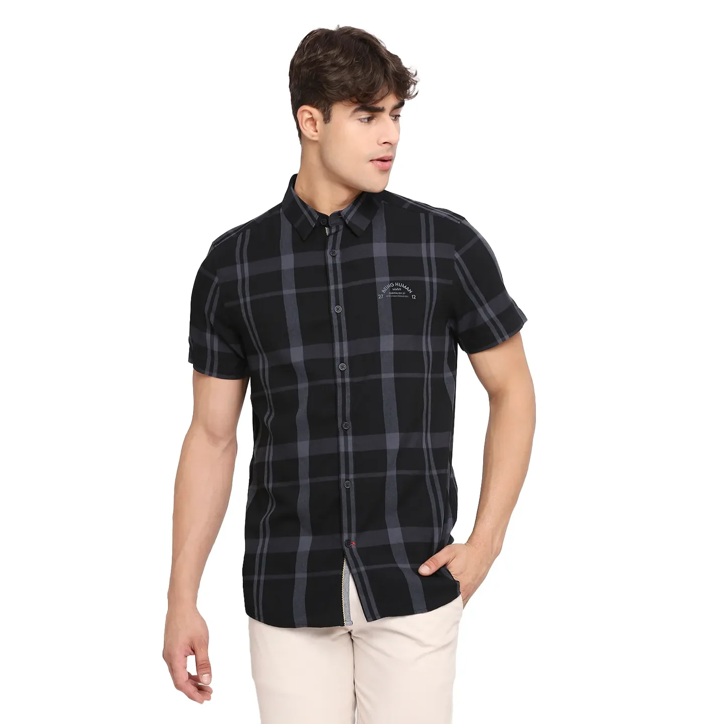 Black Slim Straight Fit Regular Collar Short Sleeves Cotton Men's Shirt by Being Human Clothing