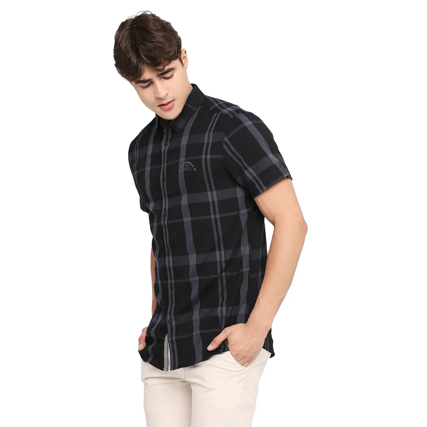 Black Slim Straight Fit Regular Collar Short Sleeves Cotton Men's Shirt by Being Human Clothing - Image 2