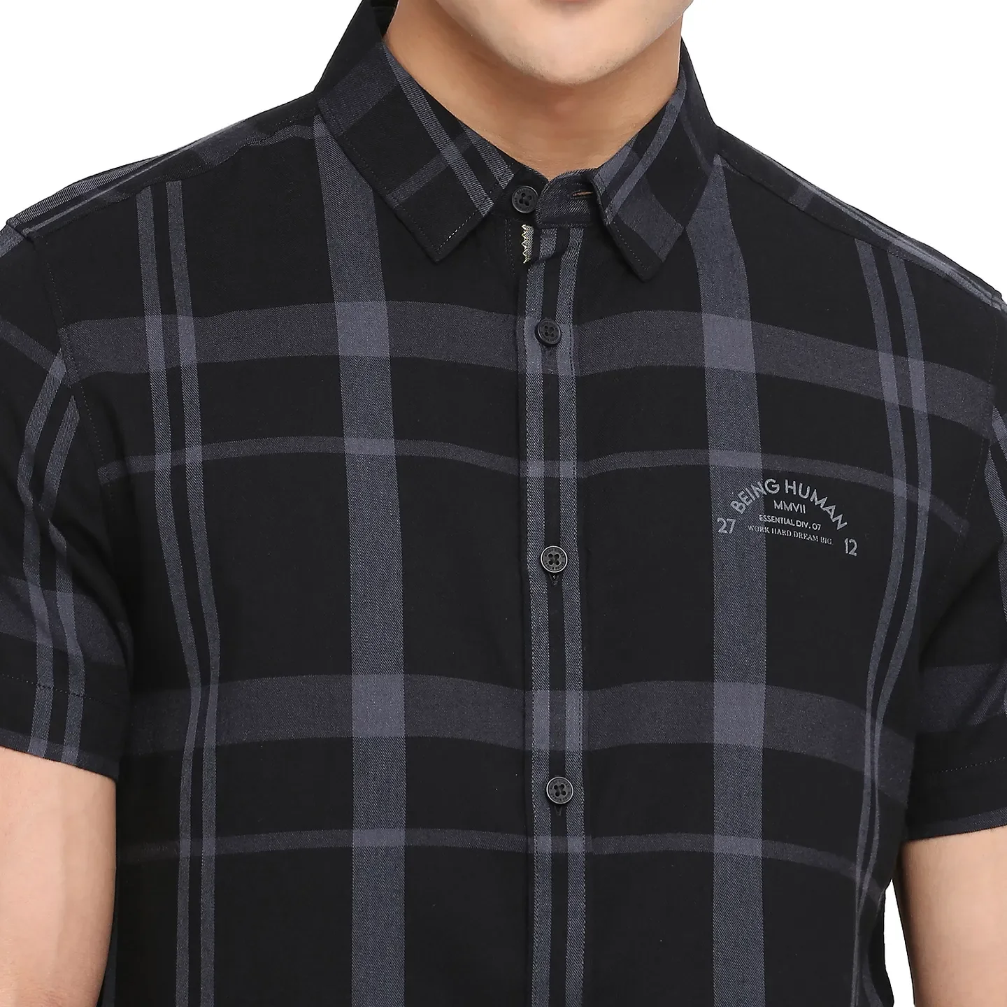 Black Slim Straight Fit Regular Collar Short Sleeves Cotton Men's Shirt by Being Human Clothing - Image 5