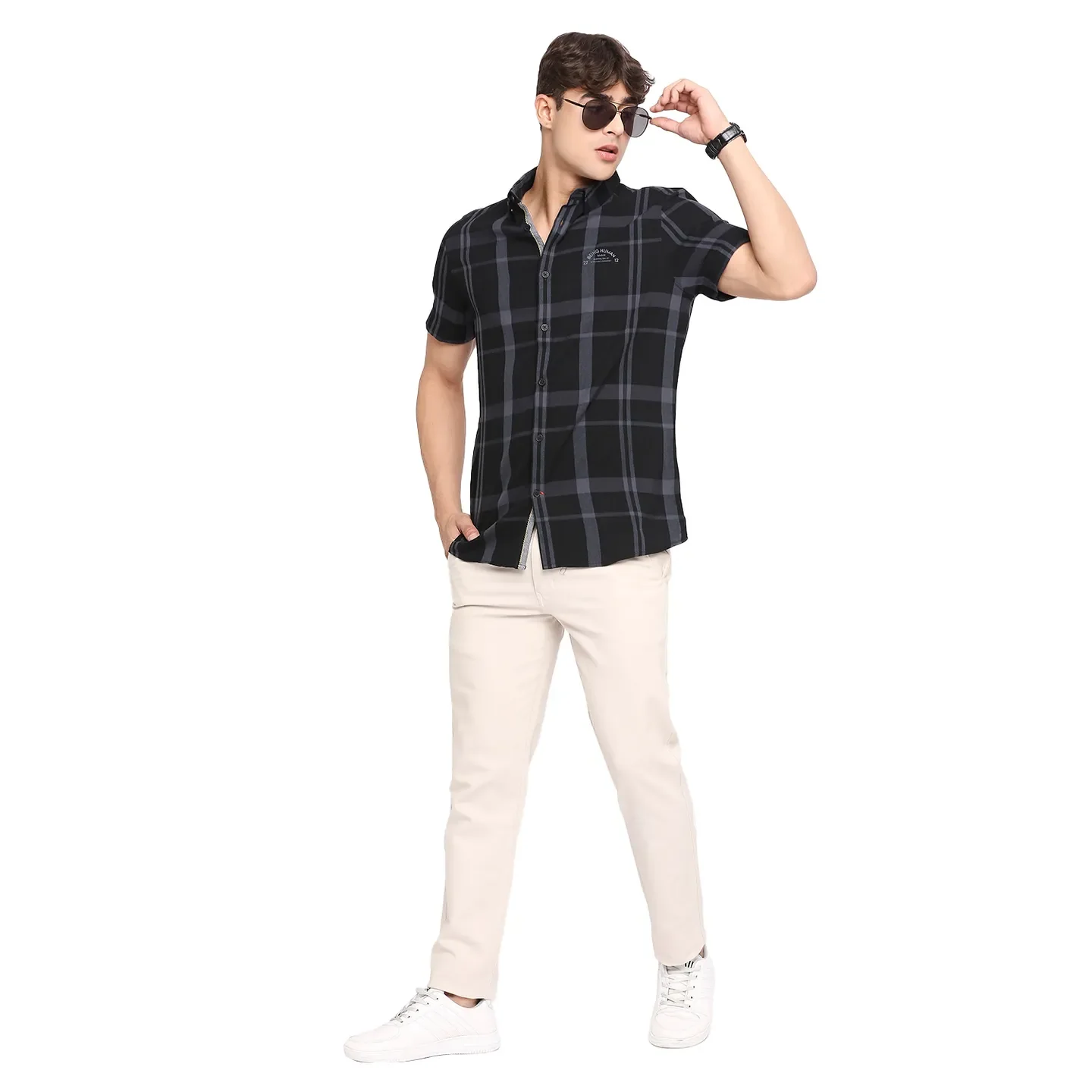 Black Slim Straight Fit Regular Collar Short Sleeves Cotton Men's Shirt by Being Human Clothing - Image 6