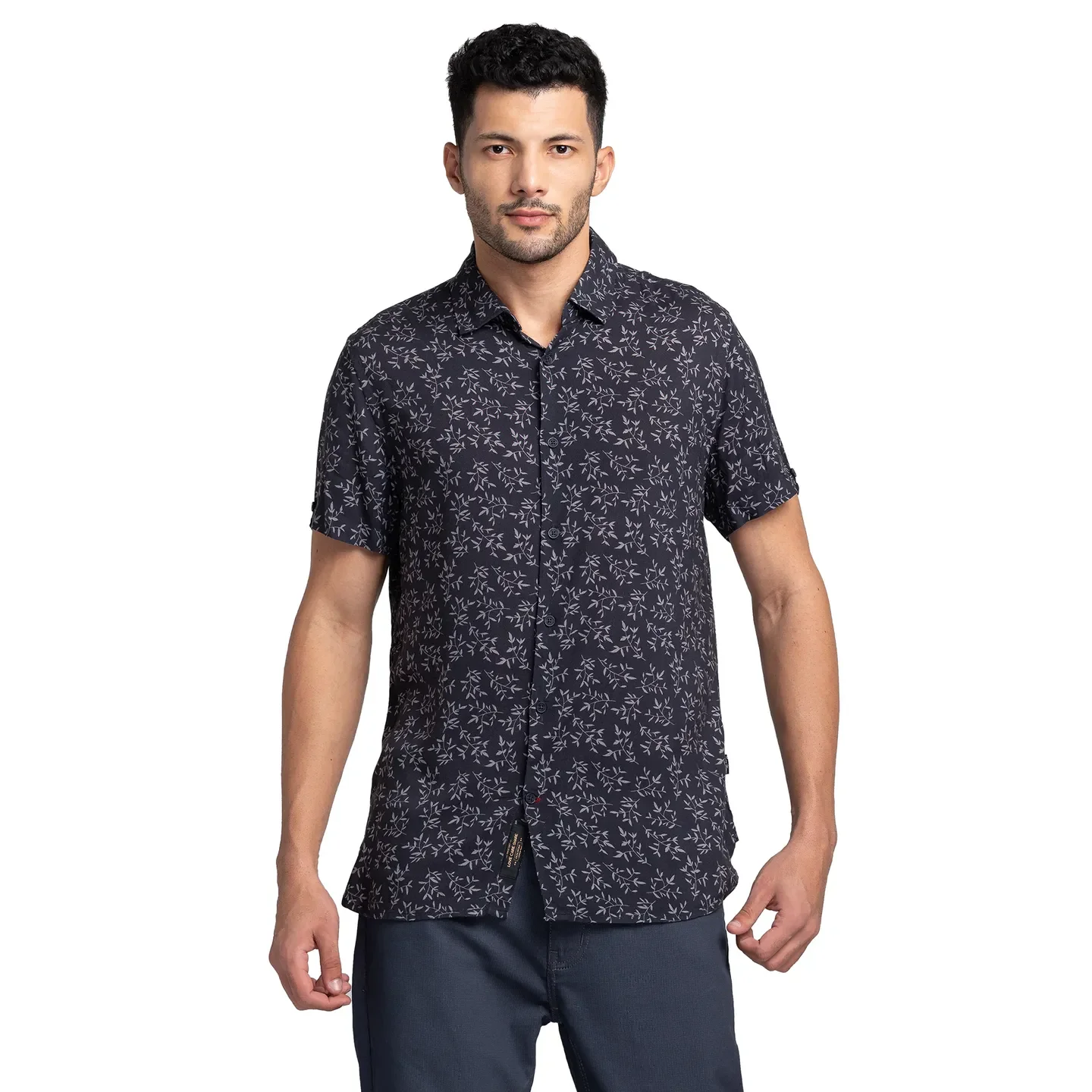 Black Slim Straight Fit Regular Collar Short Sleeves VISCOSE Men's Shirt by Being Human Clothing
