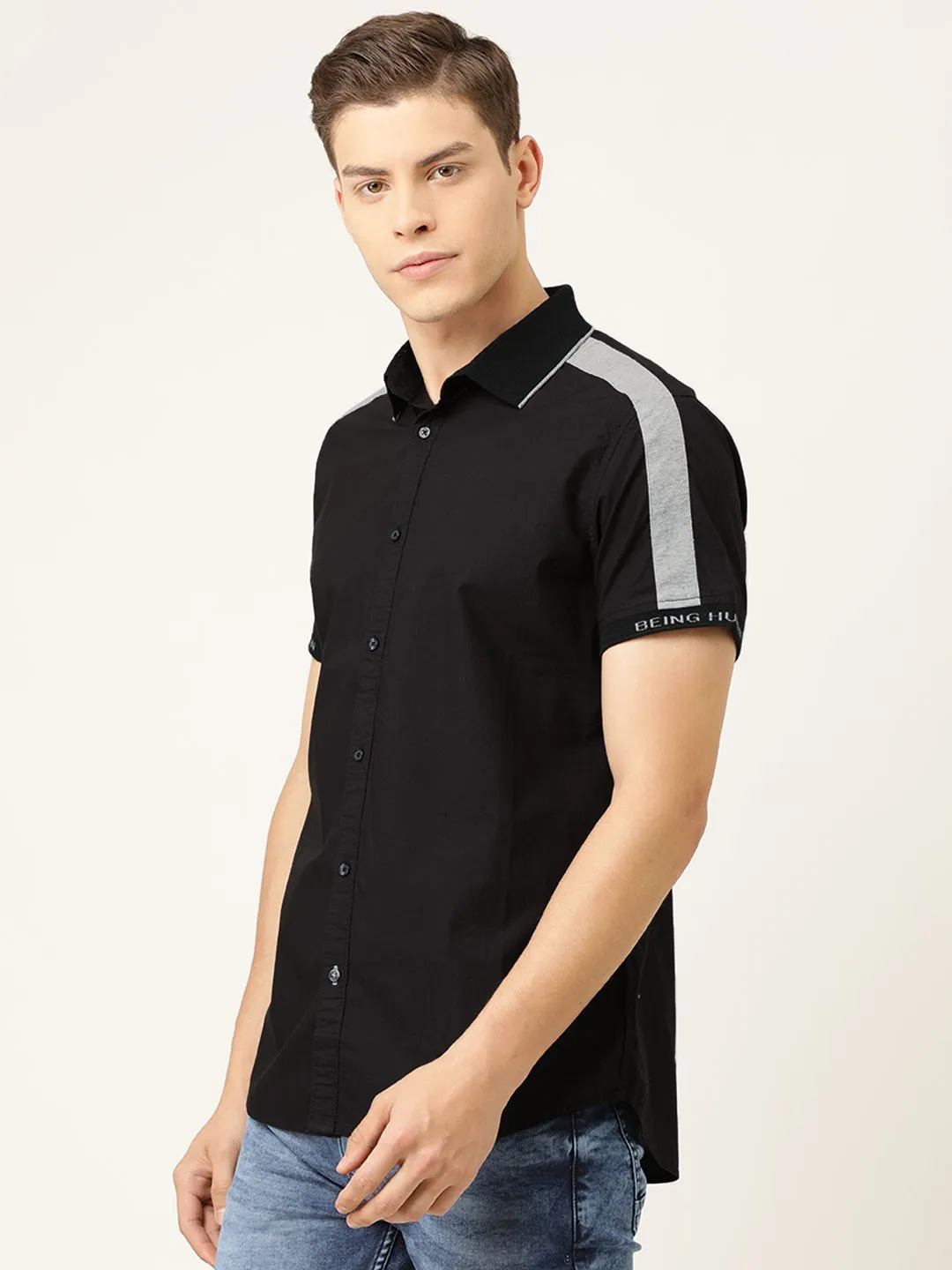 Black Regular Fit Regular Collar Short Sleeves Cotton Men's Shirt by Being Human Clothing - Image 3