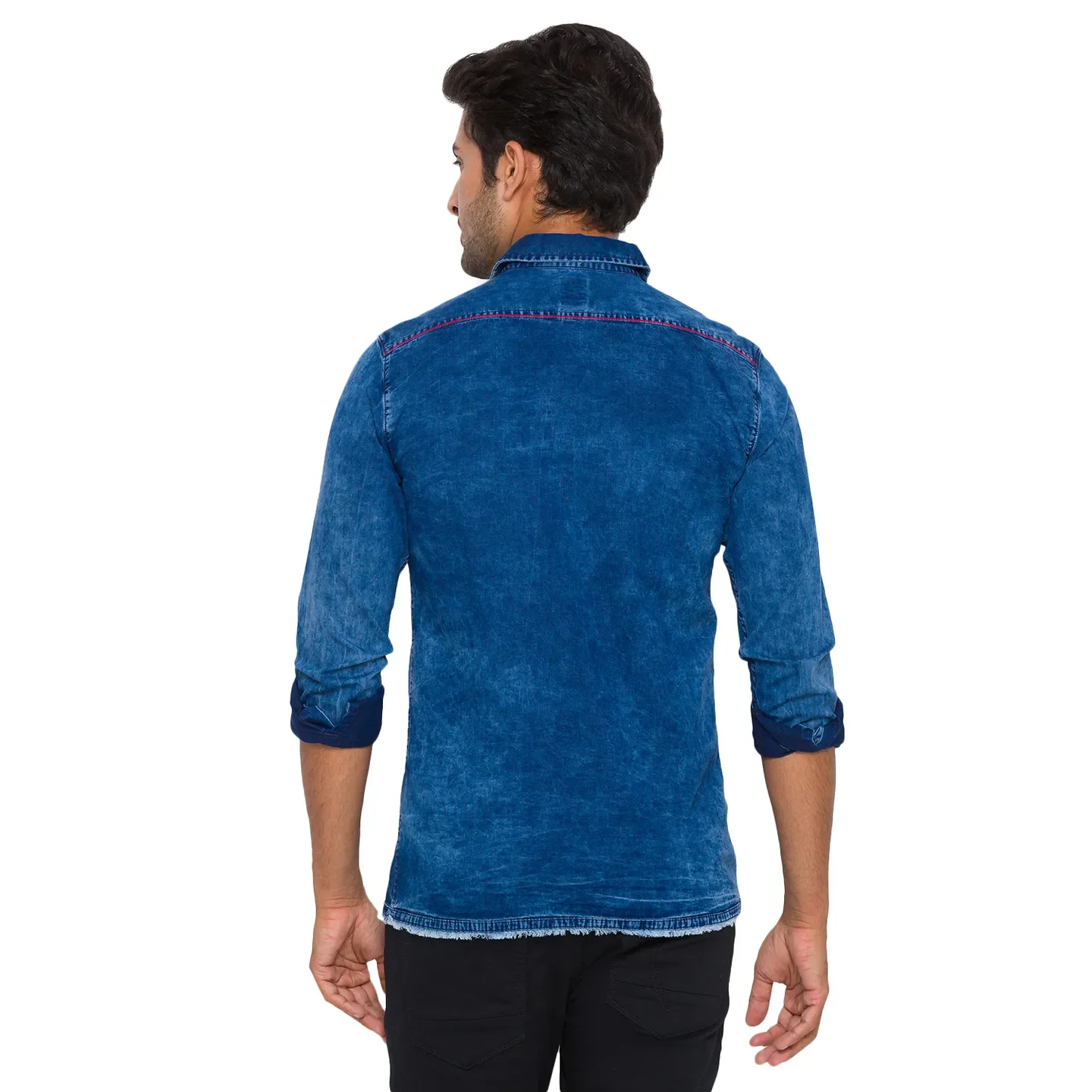 Blue Slim Straight Fit Regular Collar Long Sleeves Cotton Men's Shirt by Being Human Clothing - Image 3