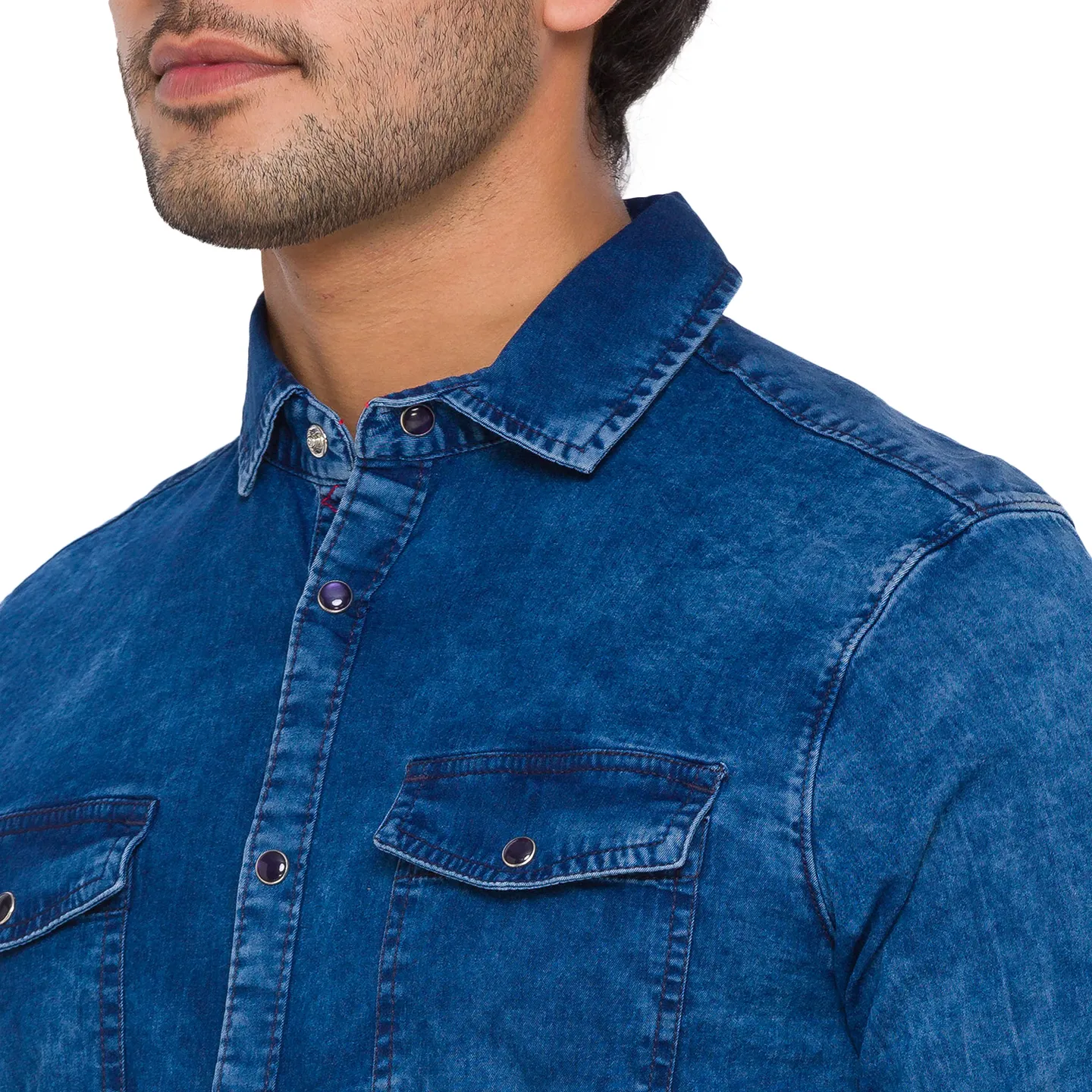 Blue Slim Straight Fit Regular Collar Long Sleeves Cotton Men's Shirt by Being Human Clothing - Image 4