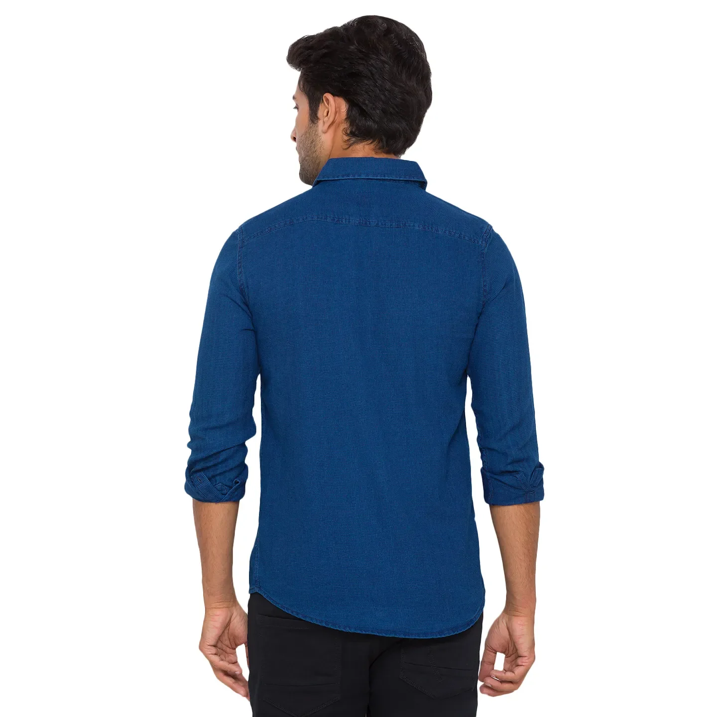 Blue Slim Straight Fit Regular Collar Long Sleeves Cotton Men's Shirt by Being Human Clothing - Image 4