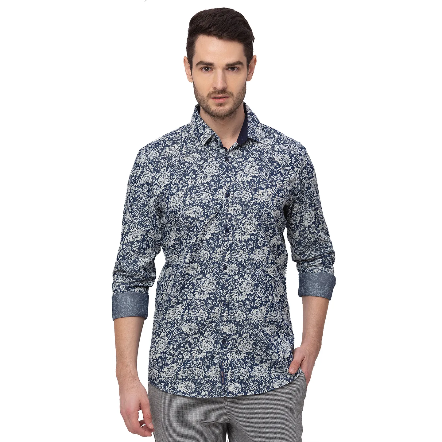 Blue Slim Straight Fit Regular Collar Long Sleeves Cotton Men's Shirt by Being Human Clothing