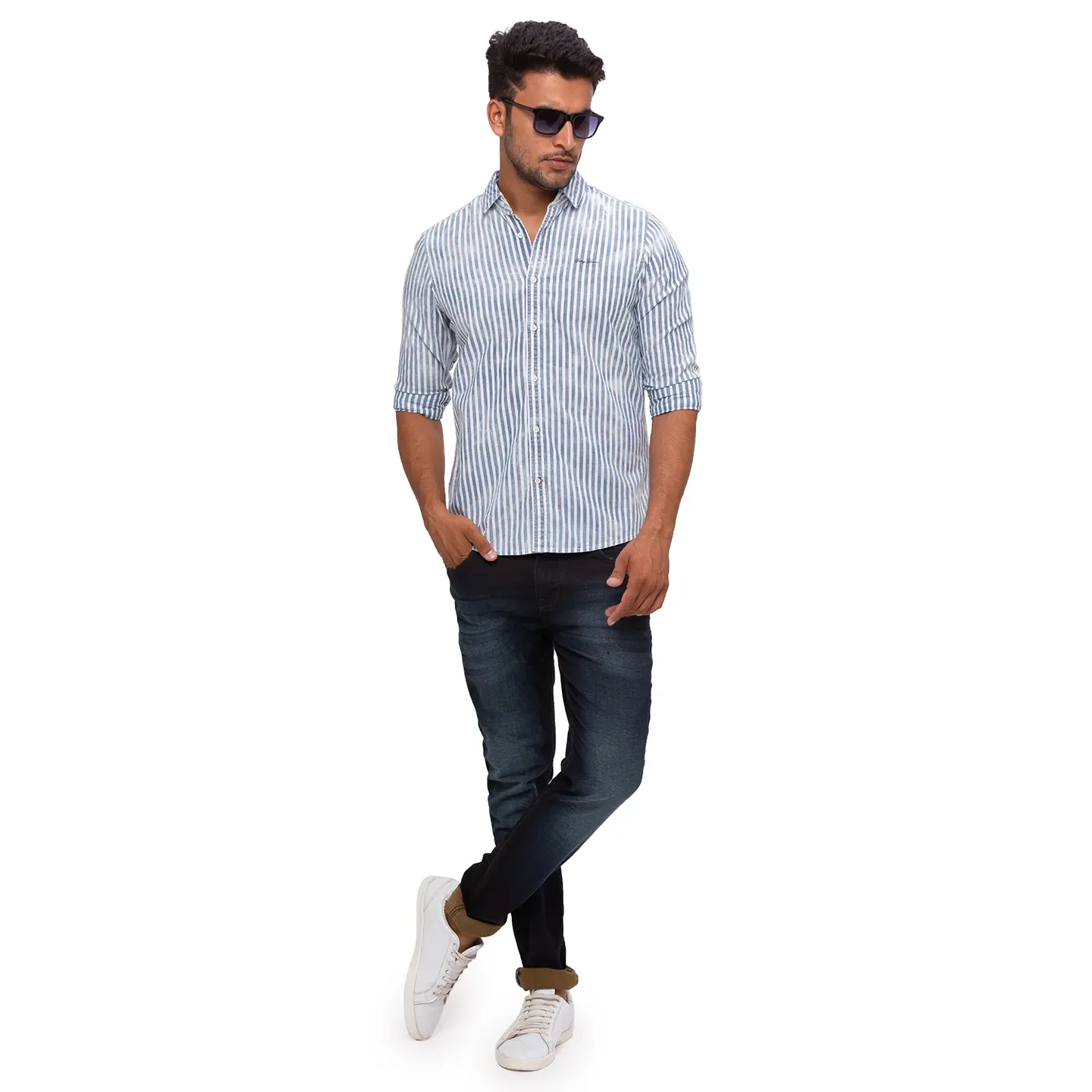 Blue Slim Straight Fit Regular Collar Long Sleeves Cotton Men's Shirt by Being Human Clothing - Image 4