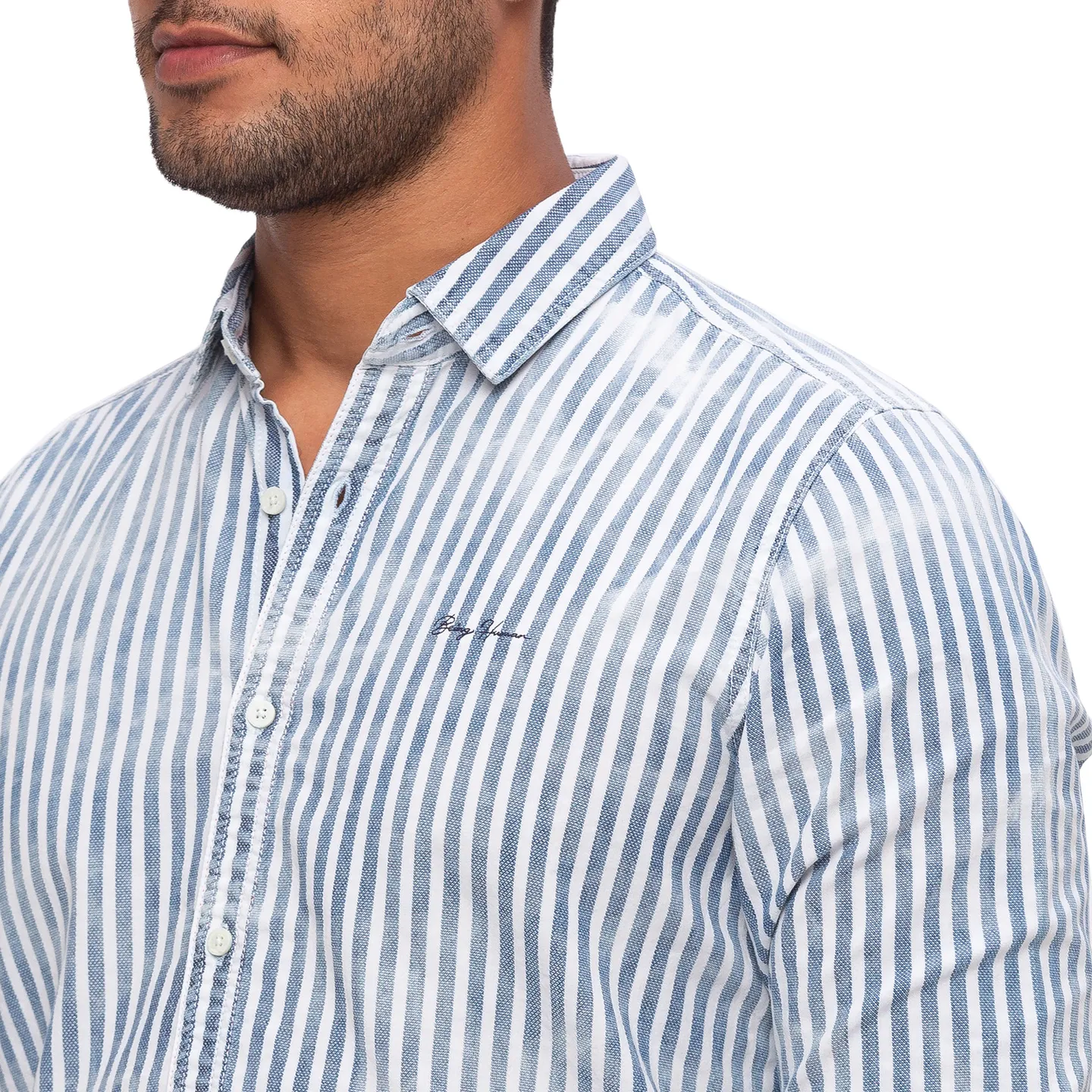 Blue Slim Straight Fit Regular Collar Long Sleeves Cotton Men's Shirt by Being Human Clothing - Image 5