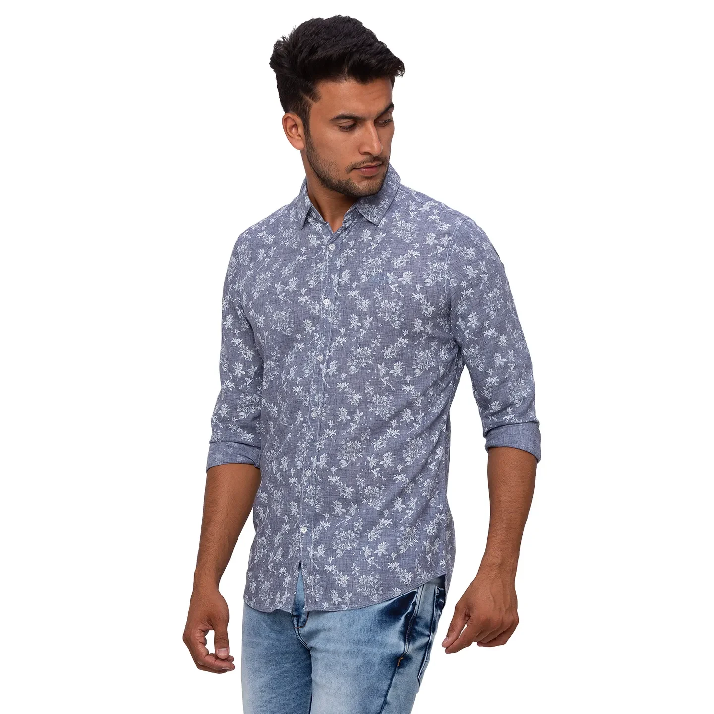 Blue Slim Straight Fit Regular Collar Long Sleeves Cotton Men's Shirt by Being Human Clothing - Image 2