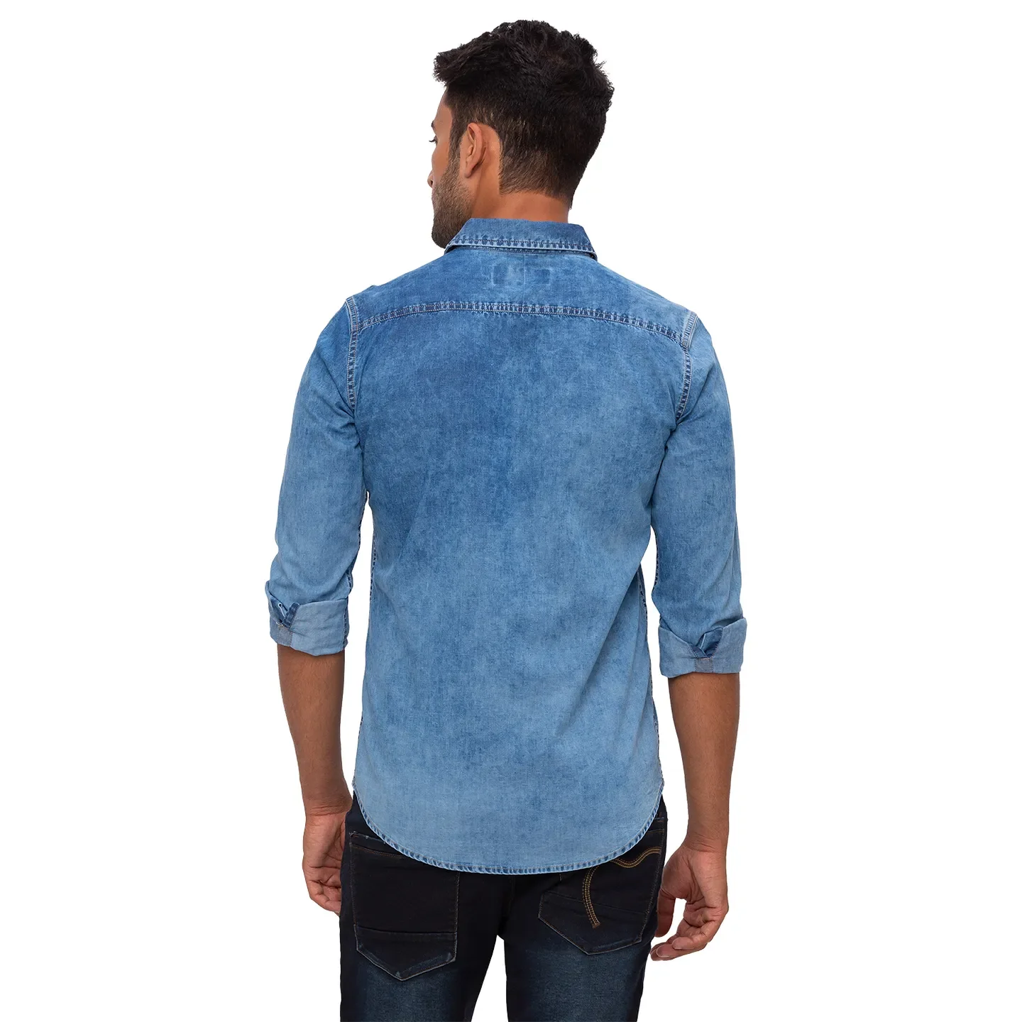 Blue Slim Straight Fit Regular Collar Long Sleeves Cotton Men's Shirt by Being Human Clothing - Image 3