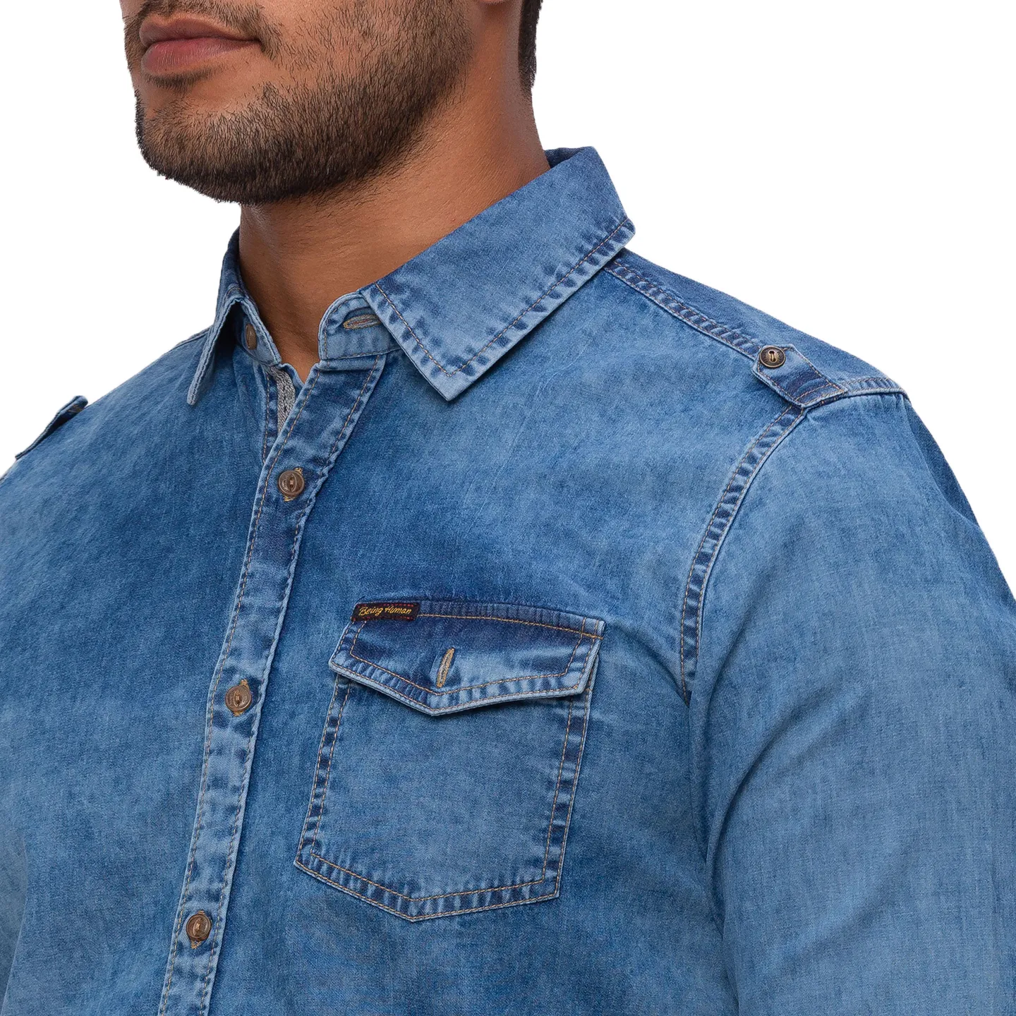 Blue Slim Straight Fit Regular Collar Long Sleeves Cotton Men's Shirt by Being Human Clothing - Image 4