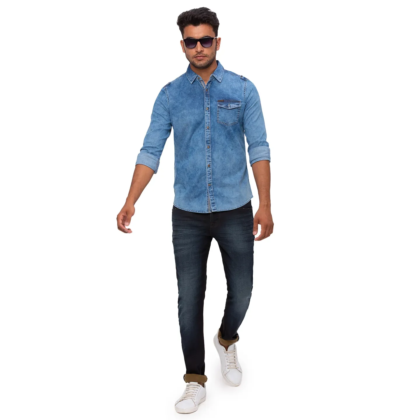 Blue Slim Straight Fit Regular Collar Long Sleeves Cotton Men's Shirt by Being Human Clothing - Image 5