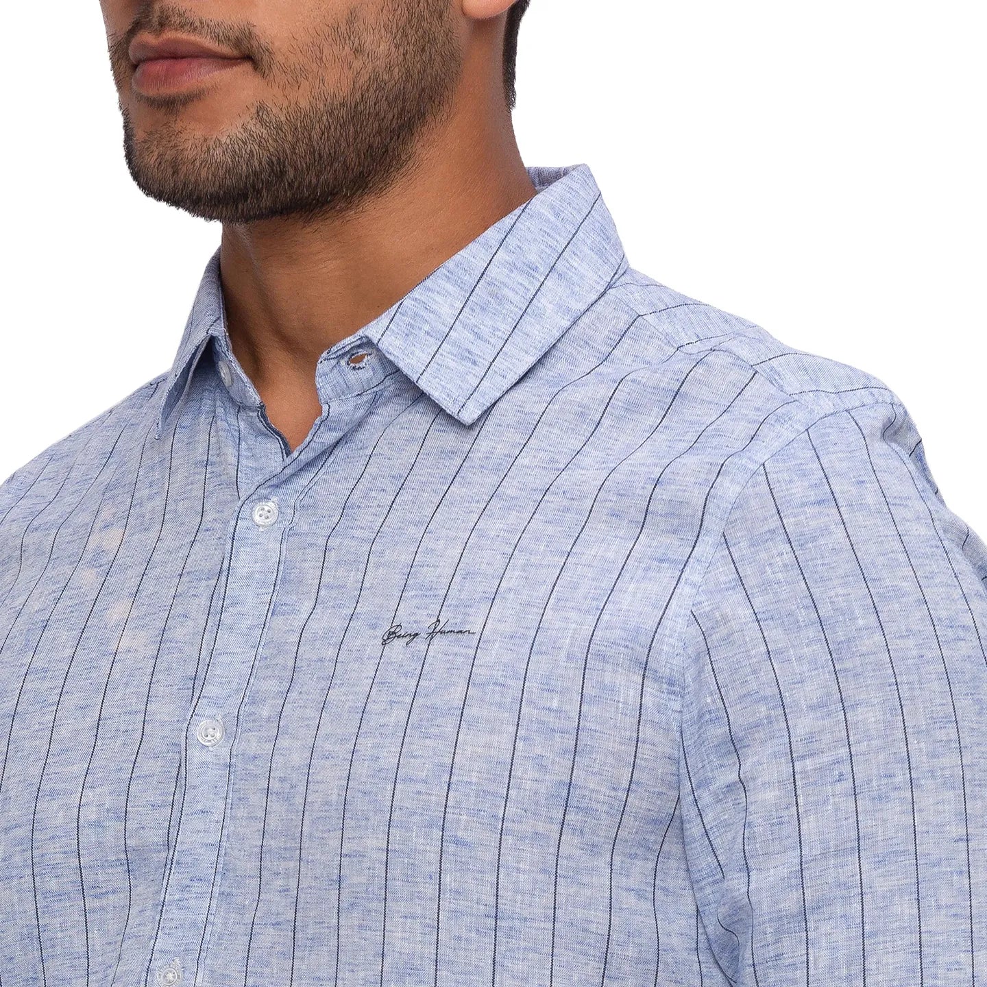 Blue Slim Straight Fit Regular Collar Long Sleeves Cotton Men's Shirt by Being Human Clothing - Image 3