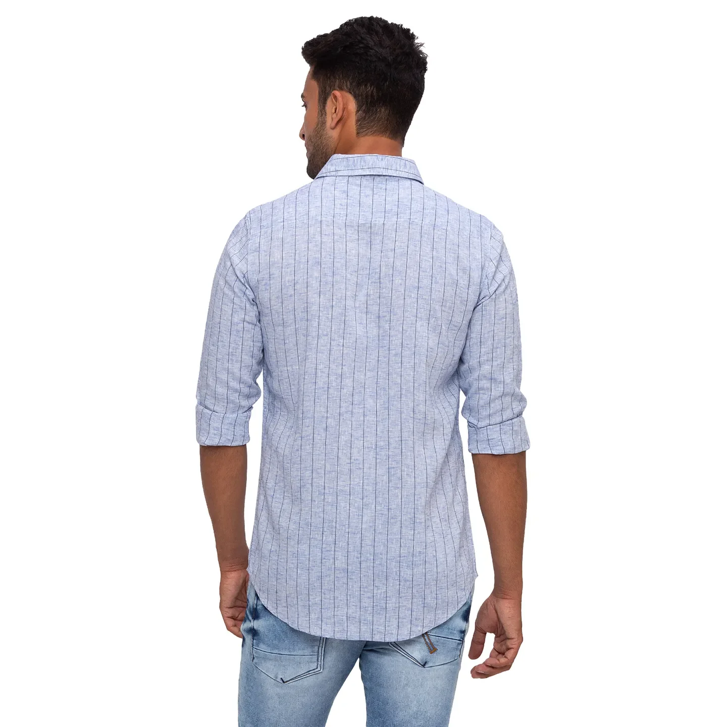 Blue Slim Straight Fit Regular Collar Long Sleeves Cotton Men's Shirt by Being Human Clothing - Image 4