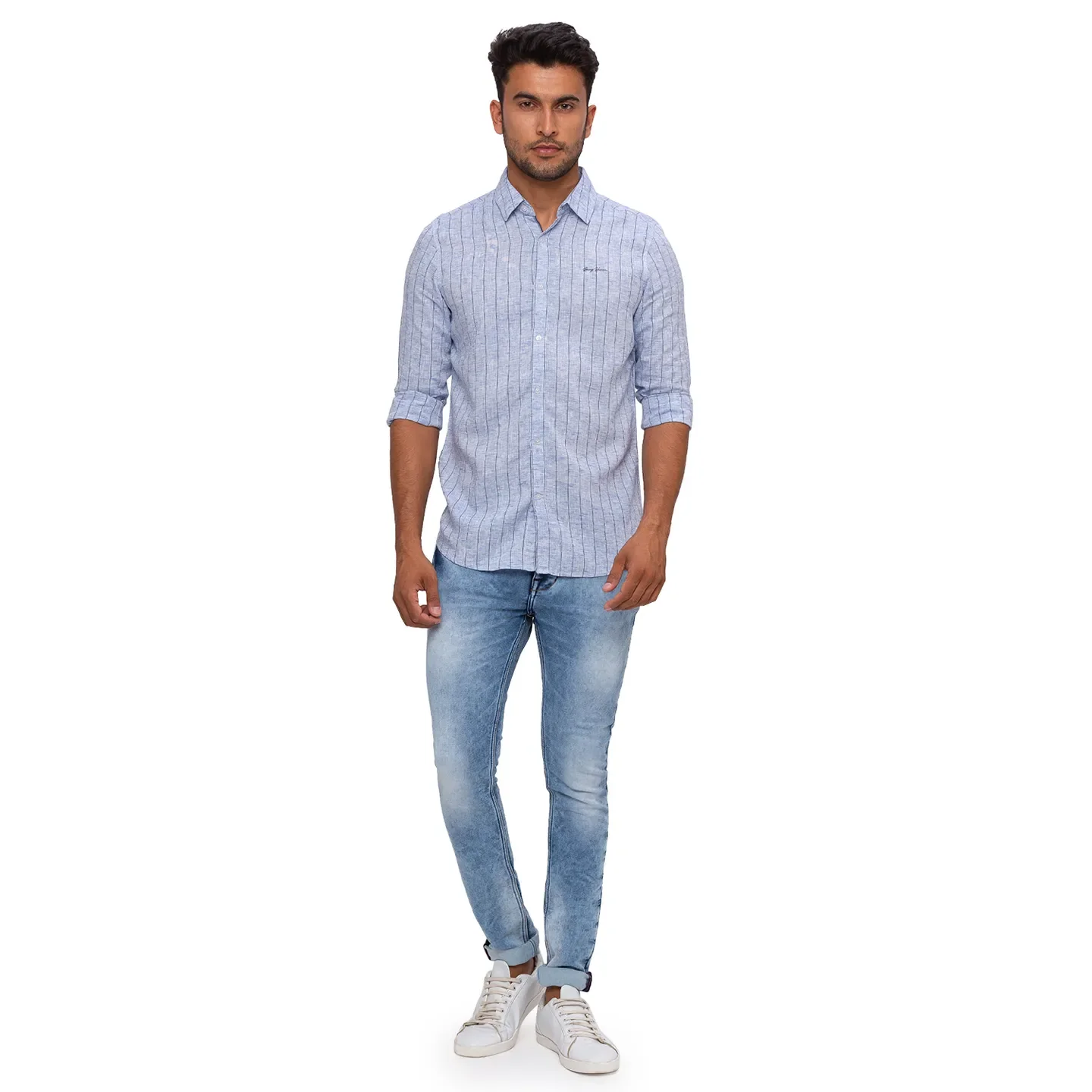 Blue Slim Straight Fit Regular Collar Long Sleeves Cotton Men's Shirt by Being Human Clothing - Image 5