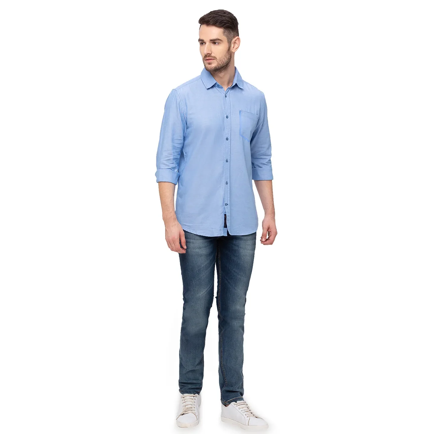 Blue Slim Straight Fit Regular Collar Long Sleeves Cotton Men's Shirt by Being Human Clothing - Image 5