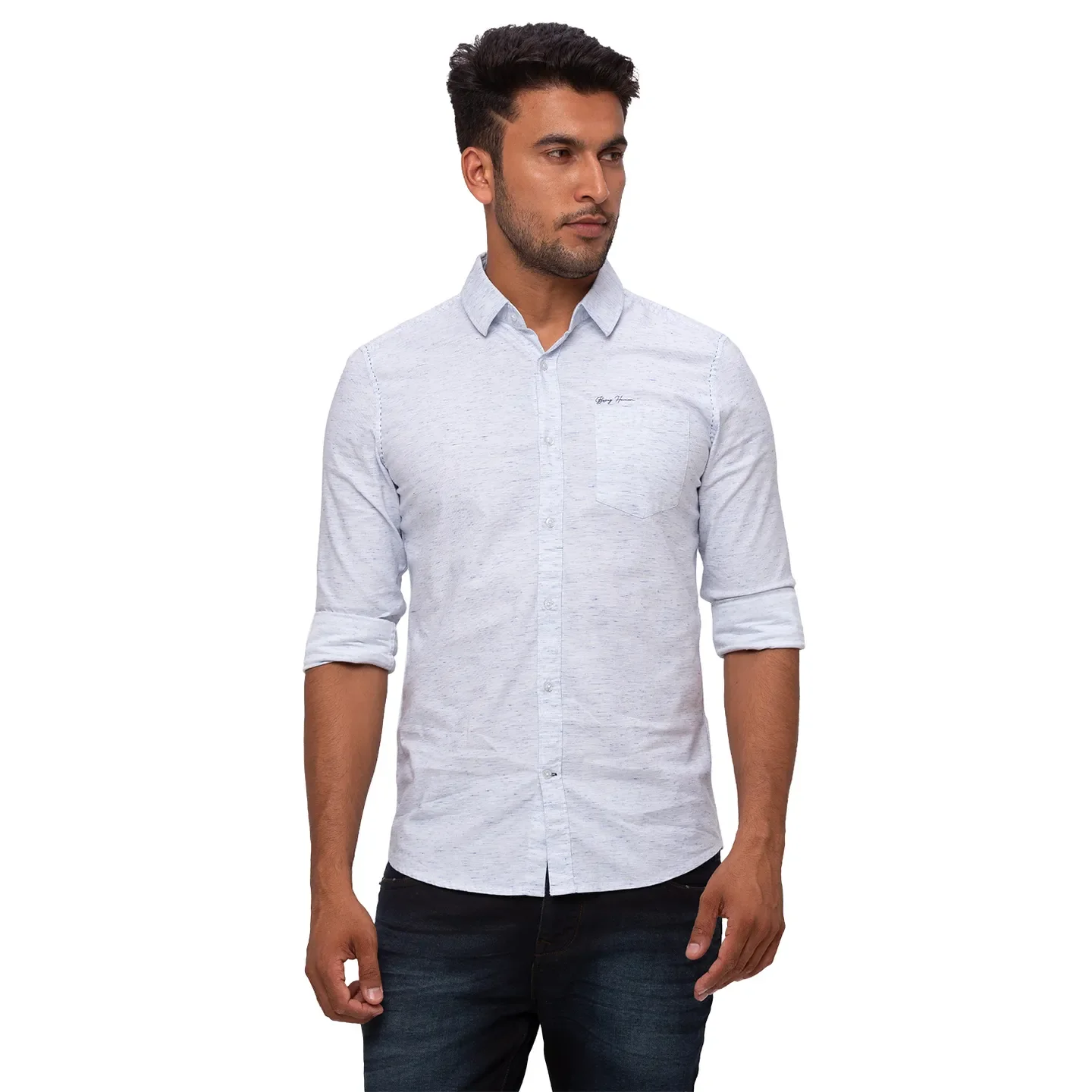 Blue Slim Straight Fit Regular Collar Long Sleeves Cotton Men's Shirt by Being Human Clothing