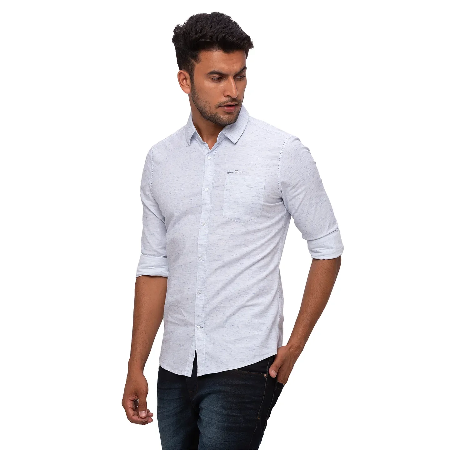 Blue Slim Straight Fit Regular Collar Long Sleeves Cotton Men's Shirt by Being Human Clothing - Image 2