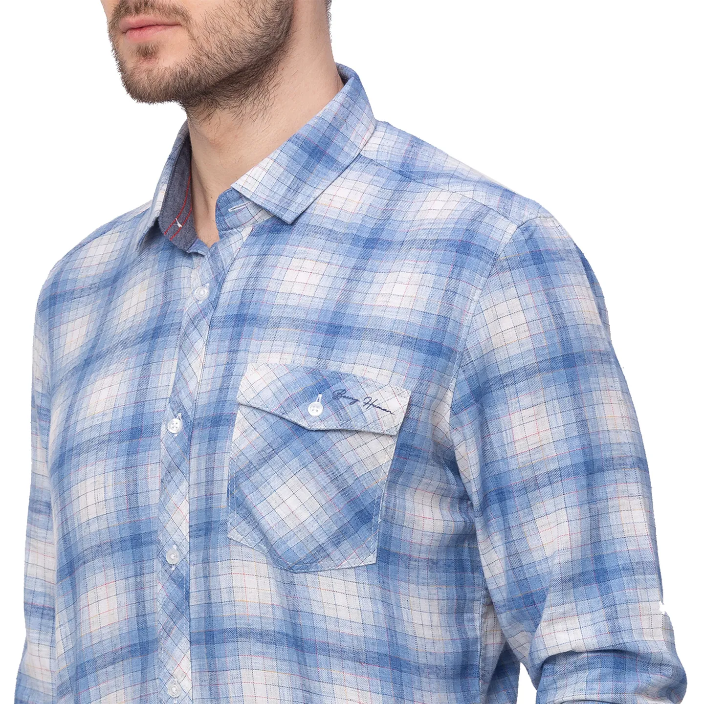 Blue Slim Straight Fit Regular Collar Long Sleeves Cotton Men's Shirt by Being Human Clothing - Image 4