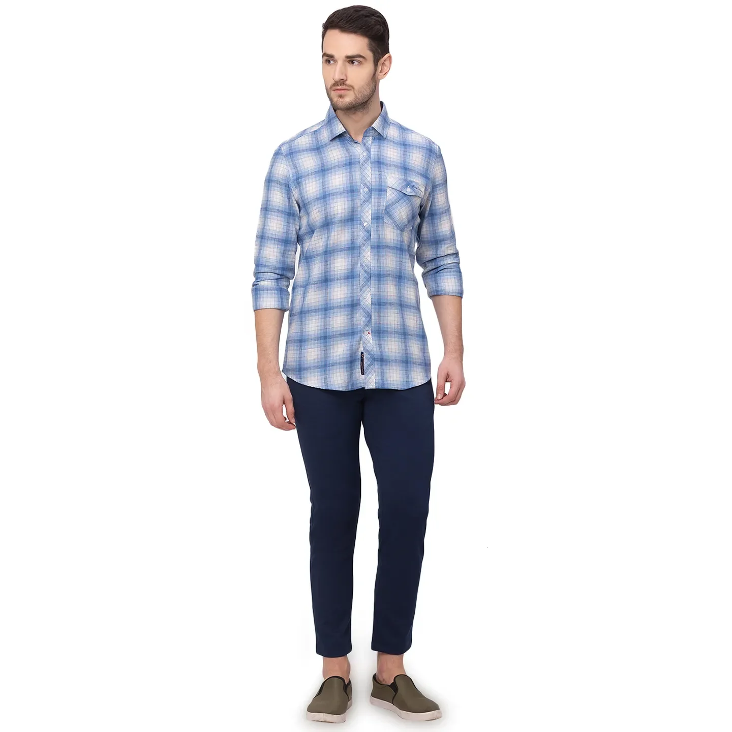 Blue Slim Straight Fit Regular Collar Long Sleeves Cotton Men's Shirt by Being Human Clothing - Image 5