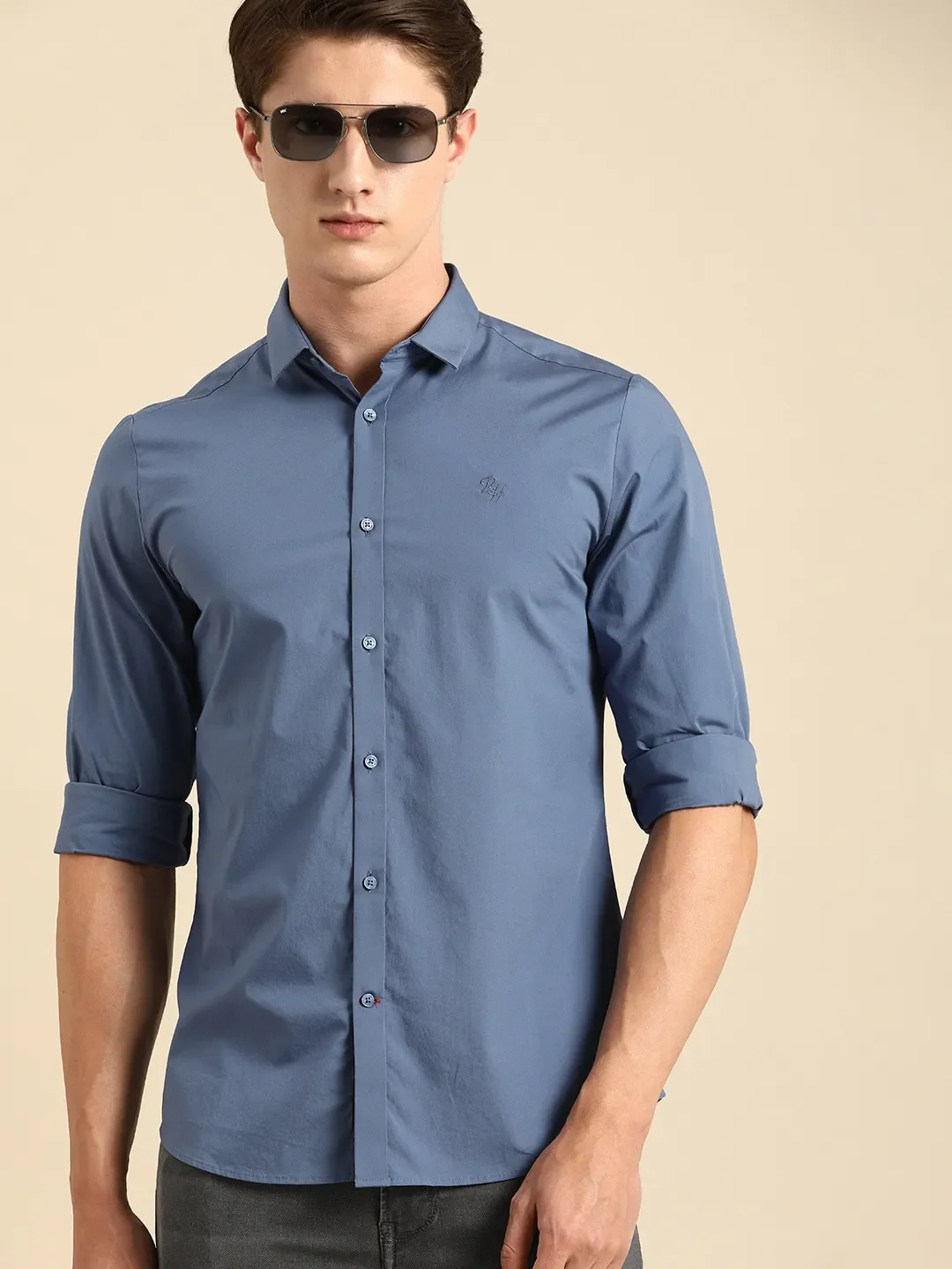 Blue Slim Straight Fit Regular Collar Long Sleeves Cotton Men's Shirt by Being Human Clothing - Image 3