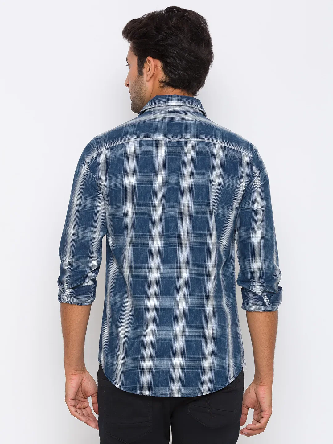 Blue Slim Straight Fit Regular Collar Long Sleeves Cotton Men's Shirt by Being Human Clothing - Image 3