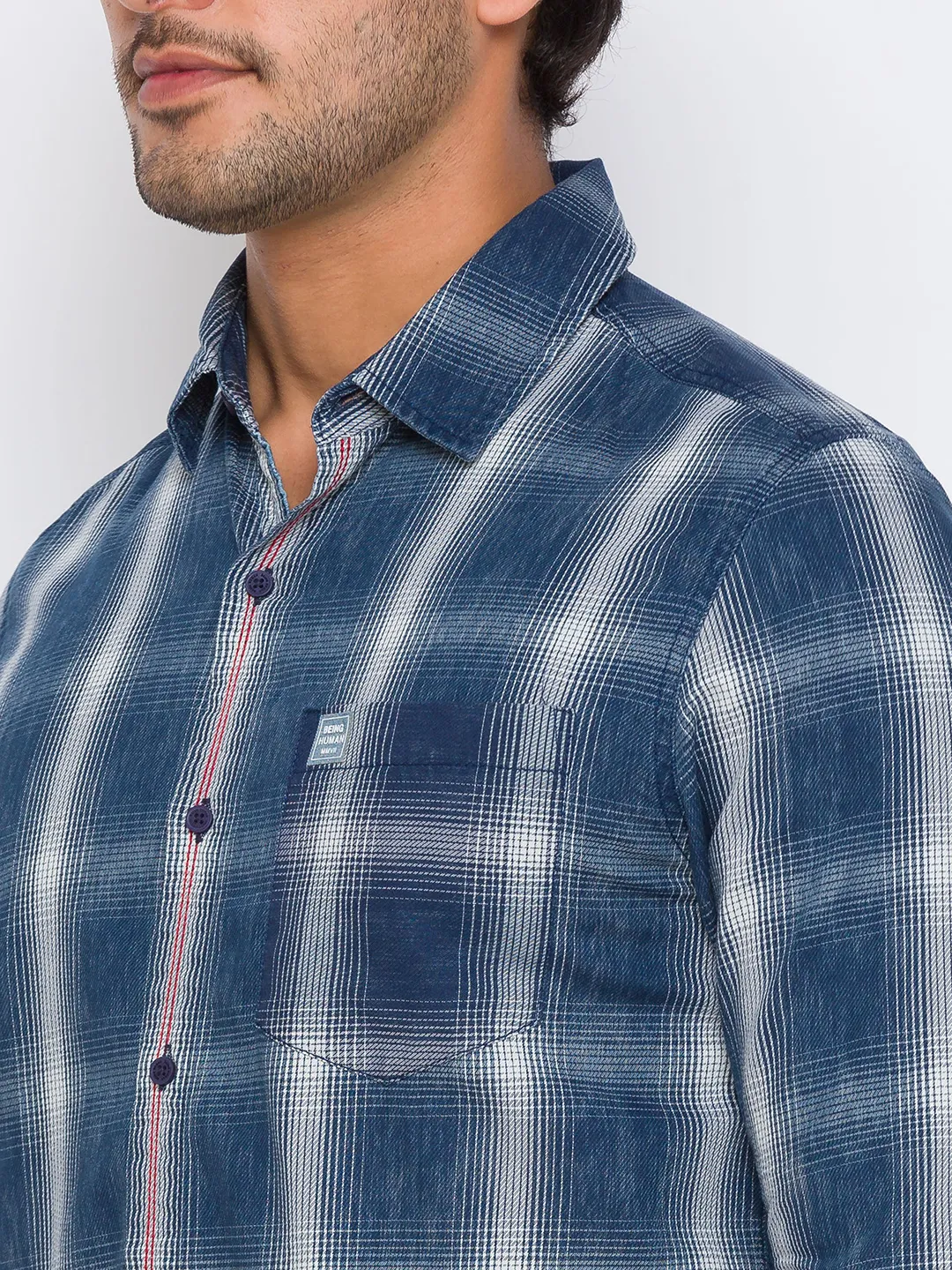 Blue Slim Straight Fit Regular Collar Long Sleeves Cotton Men's Shirt by Being Human Clothing - Image 4