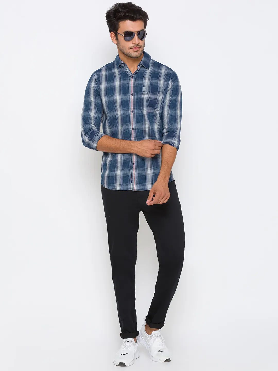 Blue Slim Straight Fit Regular Collar Long Sleeves Cotton Men's Shirt by Being Human Clothing - Image 5