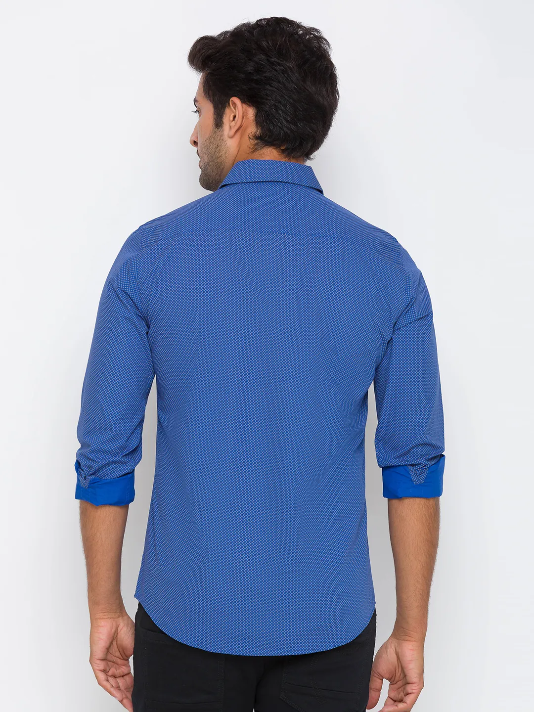 Blue Slim Straight Fit Regular Collar Long Sleeves Cotton Men's Shirt by Being Human Clothing - Image 3