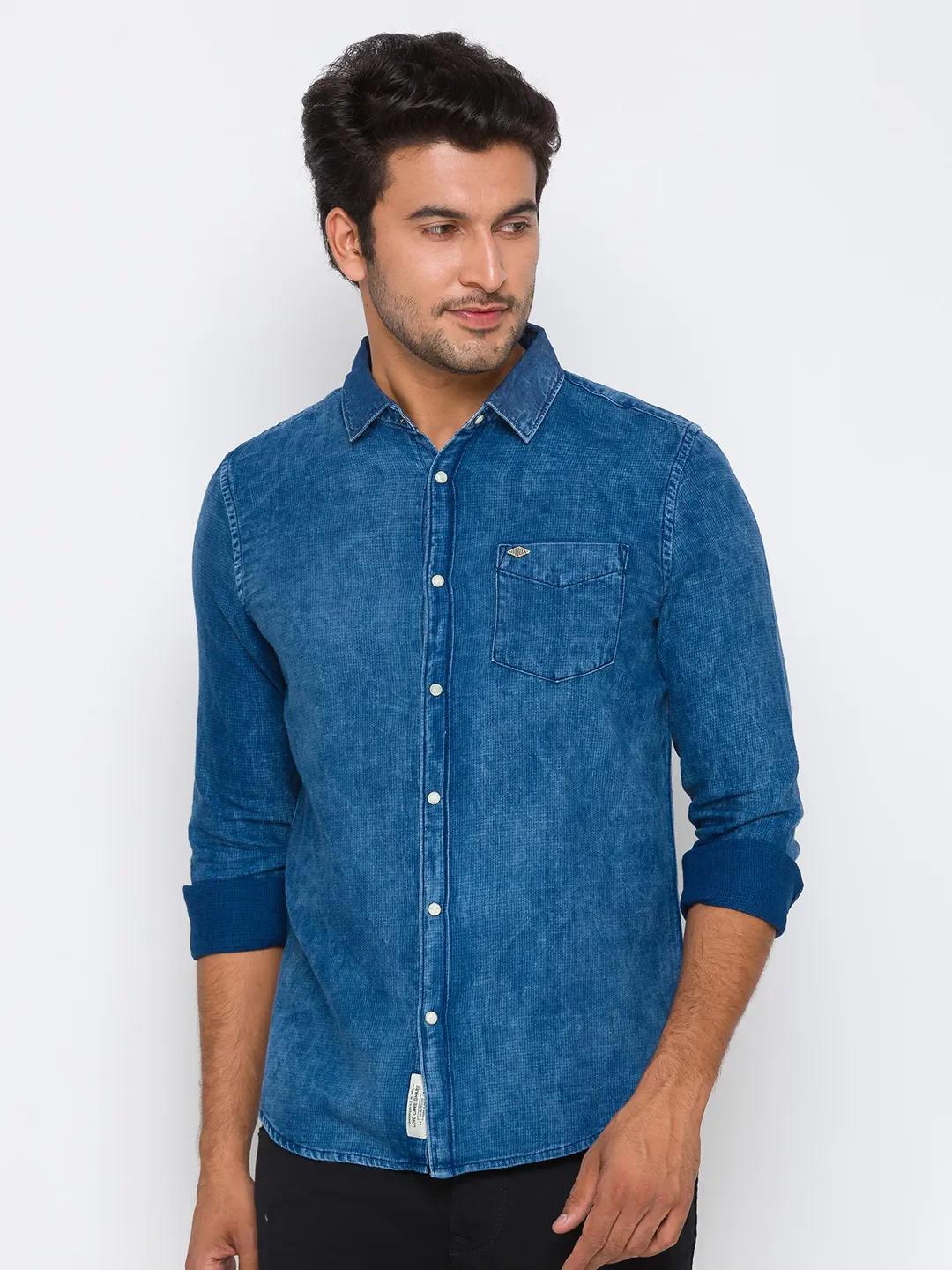 Blue Slim Straight Fit Regular Collar Long Sleeves Cotton Men's Shirt by Being Human Clothing