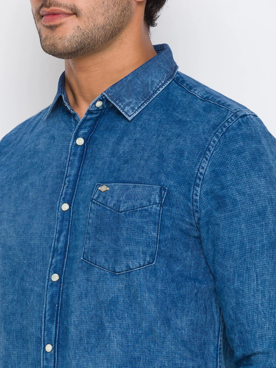 Blue Slim Straight Fit Regular Collar Long Sleeves Cotton Men's Shirt by Being Human Clothing - Image 3