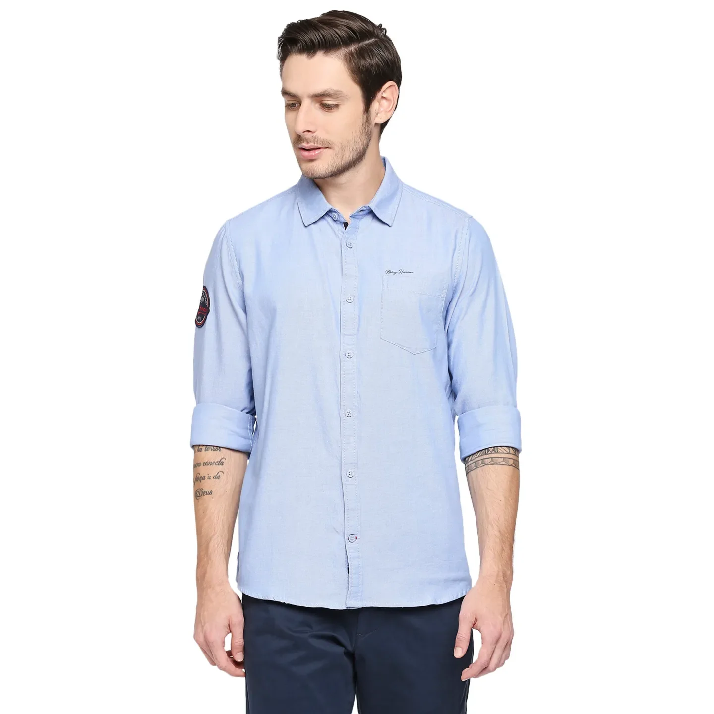 Blue Slim Straight Fit Regular Collar Long Sleeves Cotton Men's Shirt by Being Human Clothing