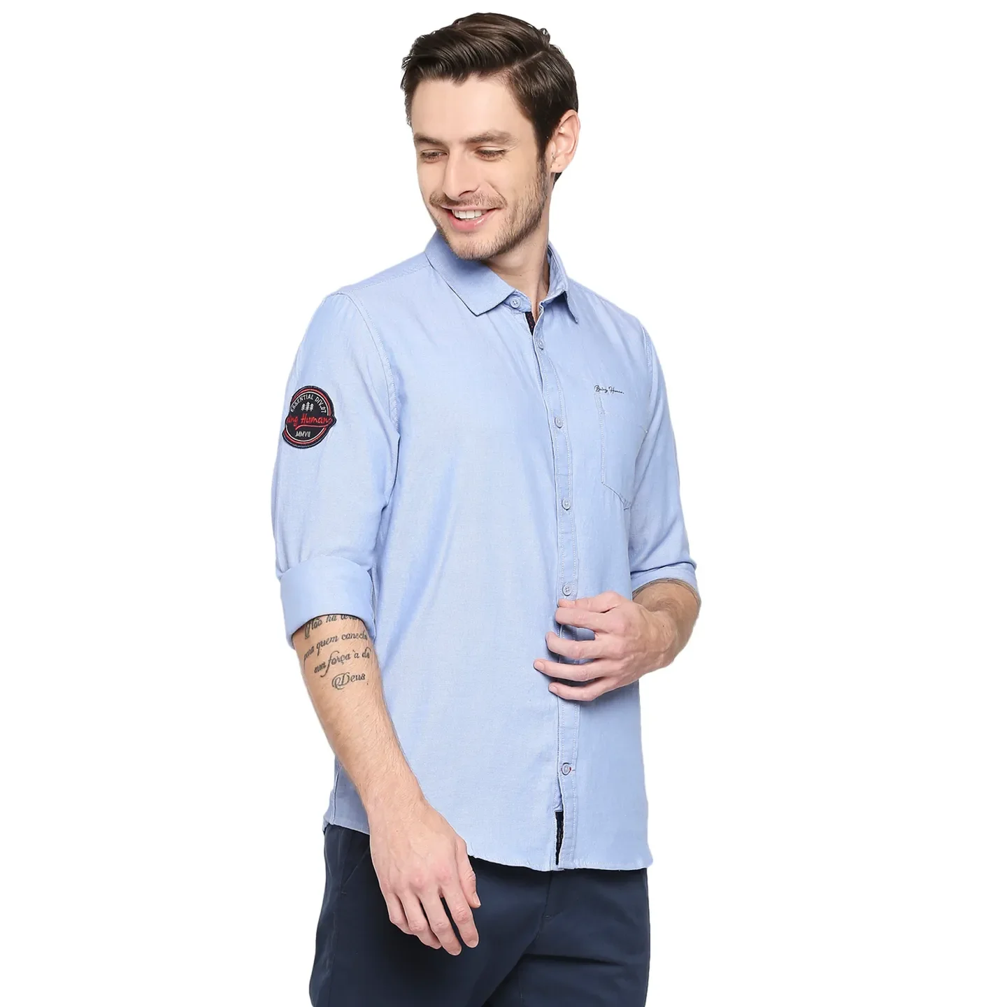 Blue Slim Straight Fit Regular Collar Long Sleeves Cotton Men's Shirt by Being Human Clothing - Image 3