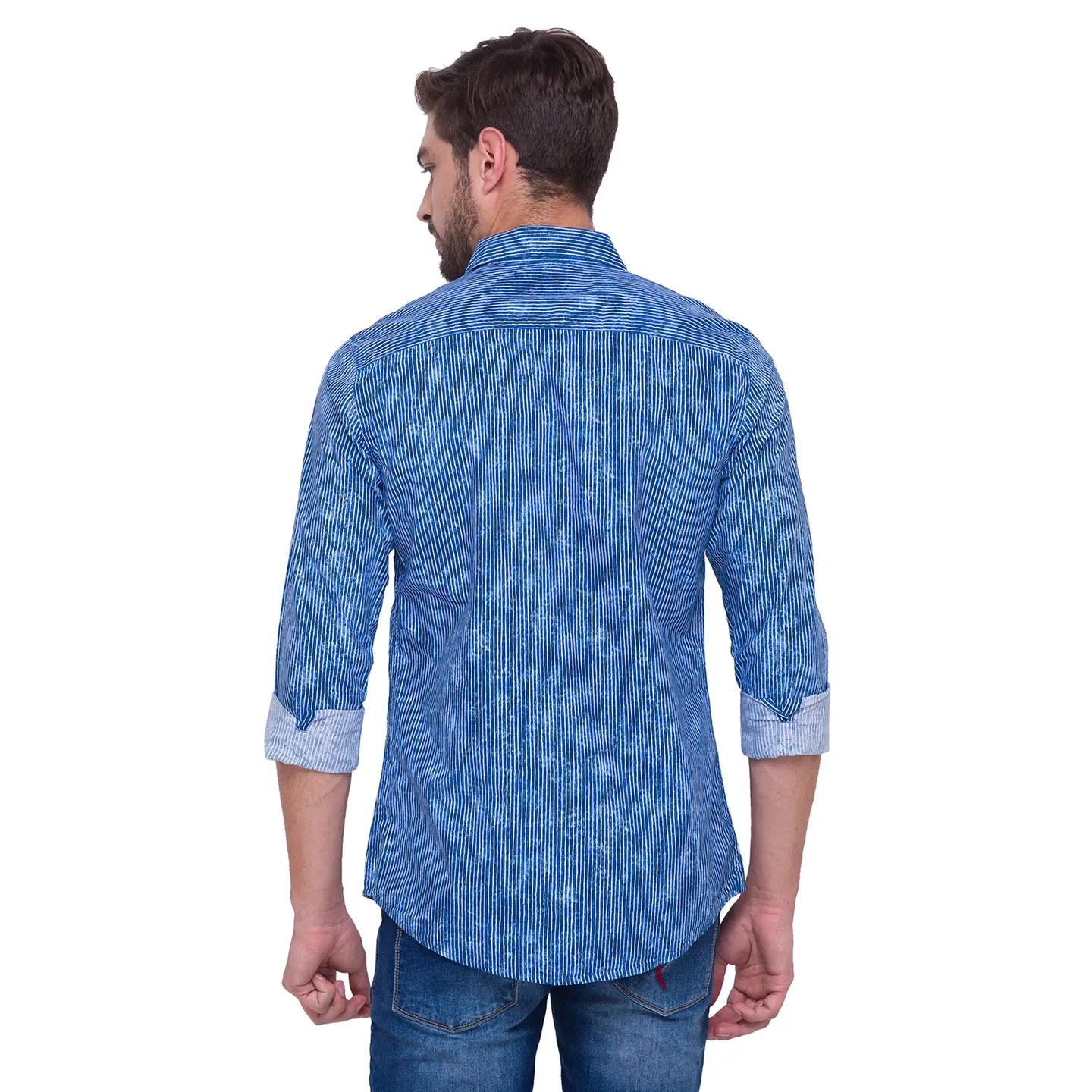 Blue Slim Straight Fit Regular Collar Long Sleeves Cotton Men's Shirt by Being Human Clothing - Image 4