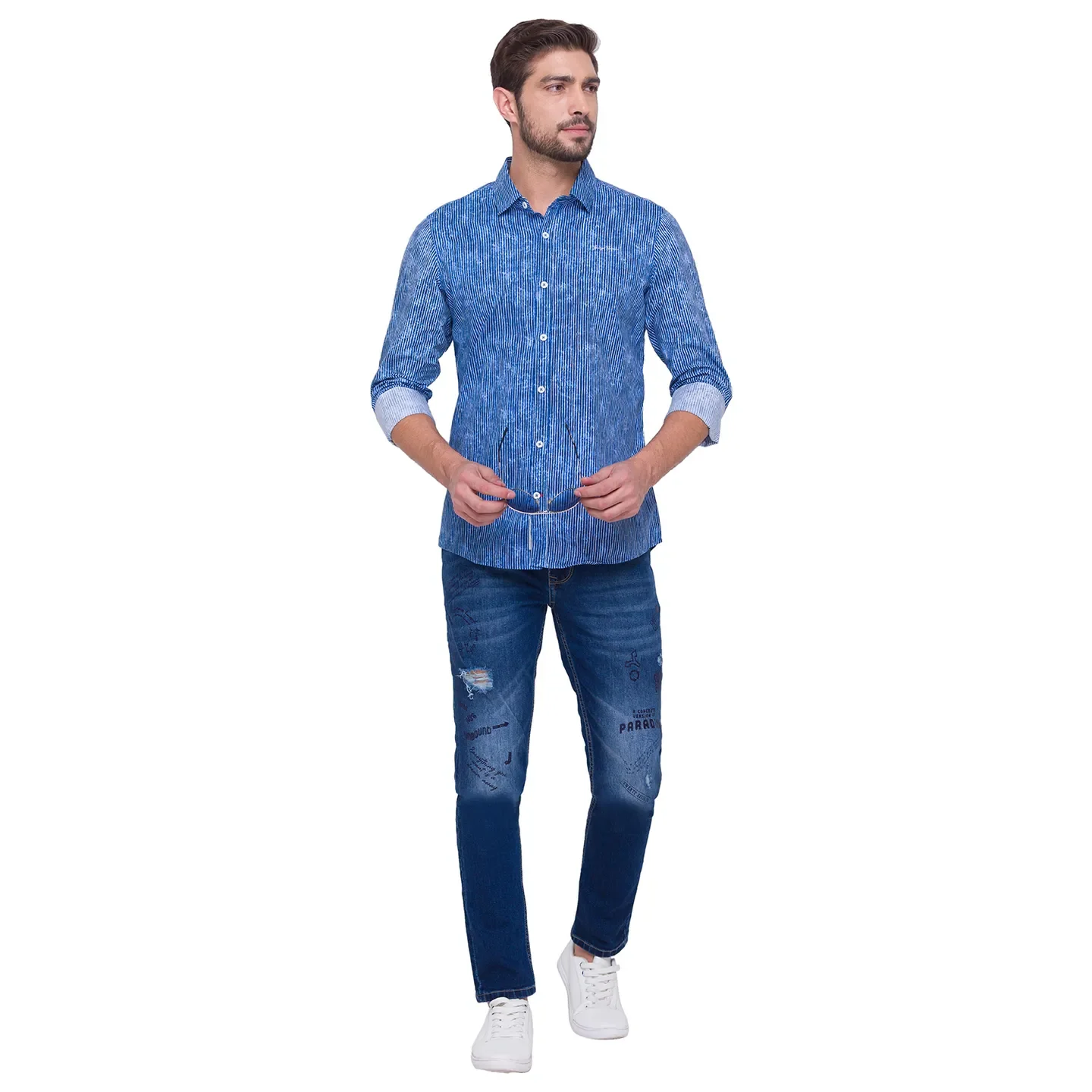 Blue Slim Straight Fit Regular Collar Long Sleeves Cotton Men's Shirt by Being Human Clothing - Image 5