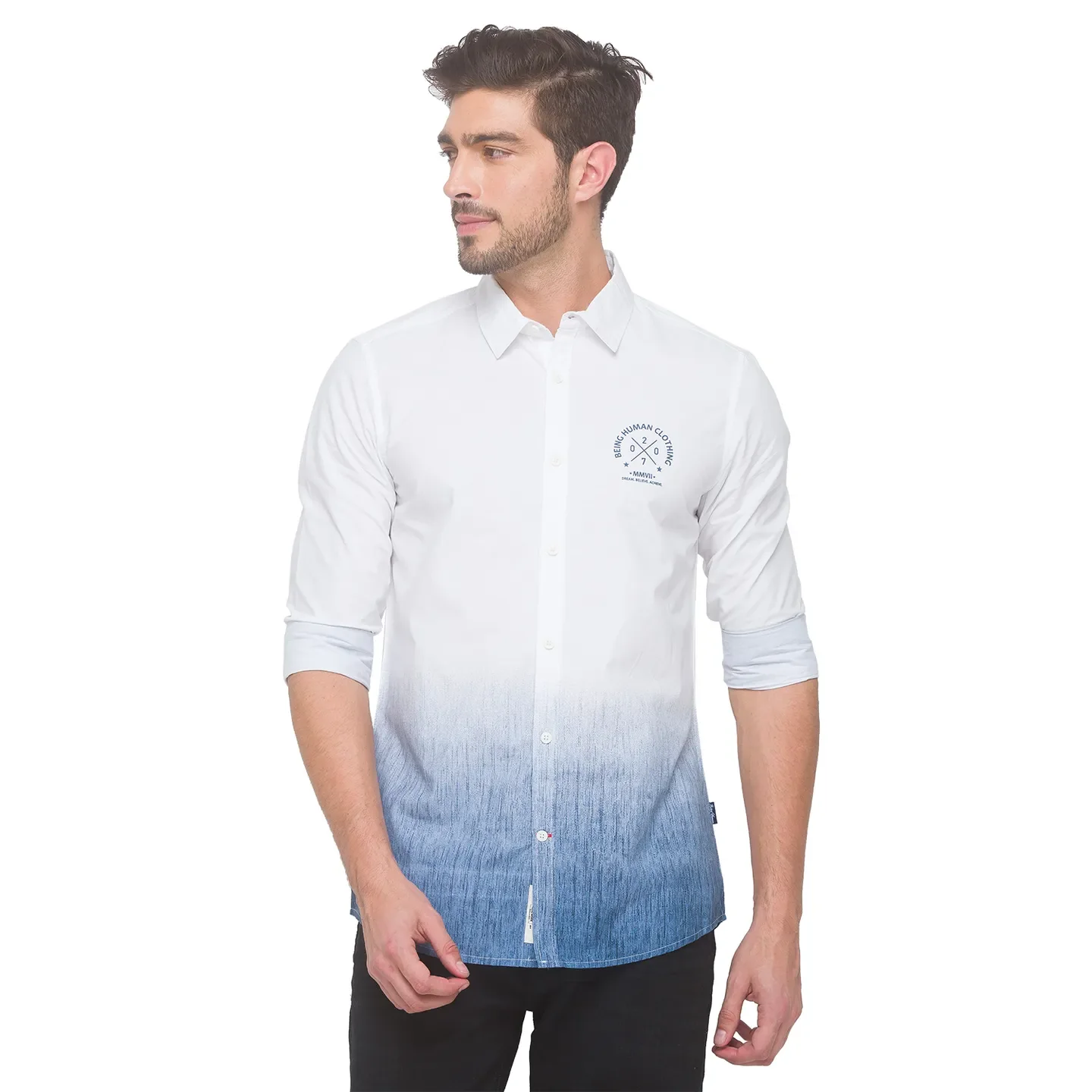 Blue Slim Straight Fit Regular Collar Long Sleeves Cotton Men's Shirt by Being Human Clothing