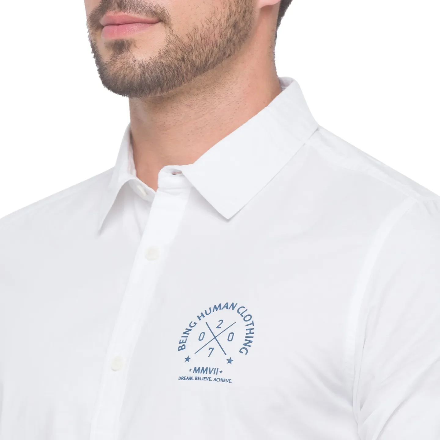 Blue Slim Straight Fit Regular Collar Long Sleeves Cotton Men's Shirt by Being Human Clothing - Image 4