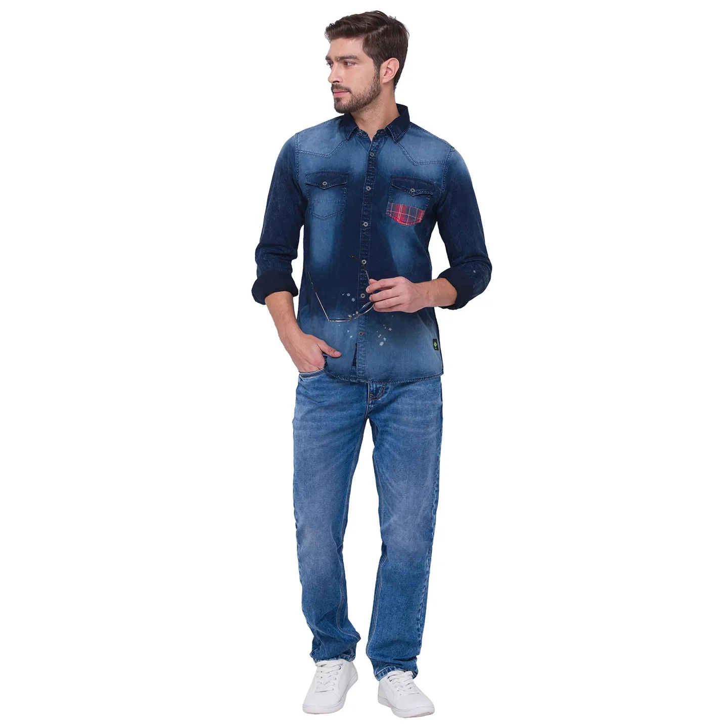 Blue Slim Straight Fit Regular Collar Long Sleeves Cotton Men's Shirt by Being Human Clothing - Image 5