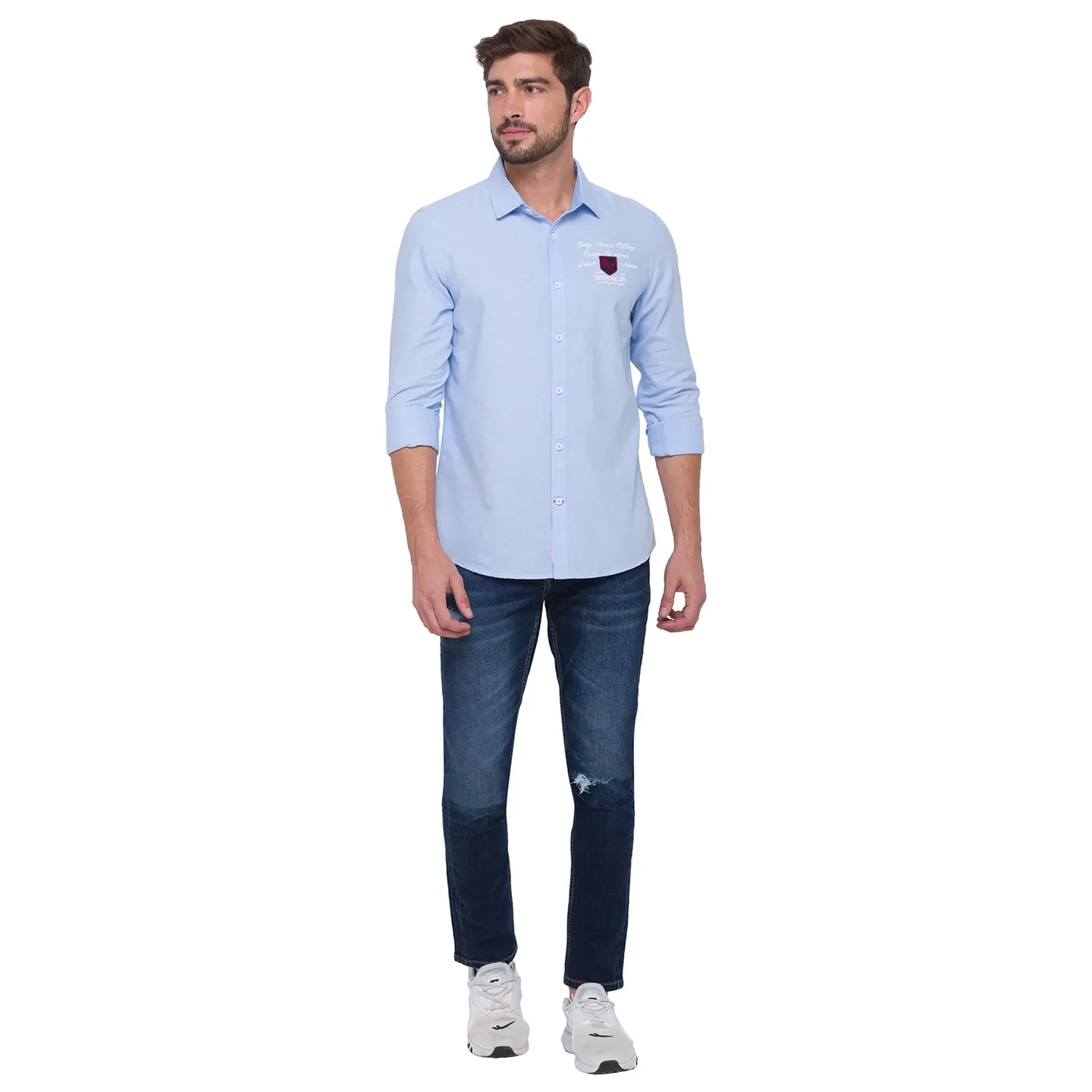 Blue Slim Straight Fit Regular Collar Long Sleeves Cotton Men's Shirt by Being Human Clothing - Image 4