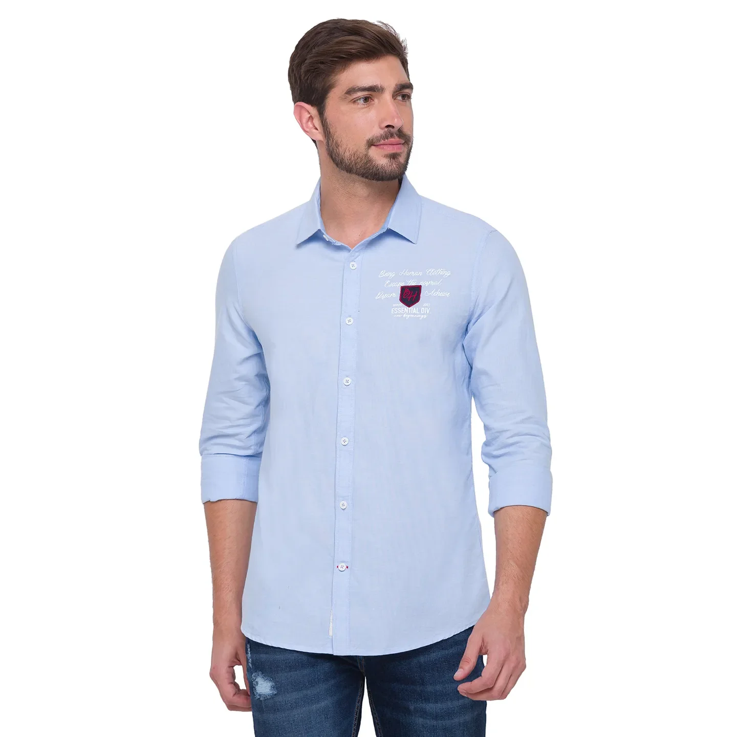 Blue Slim Straight Fit Regular Collar Long Sleeves Cotton Men's Shirt by Being Human Clothing - Image 5