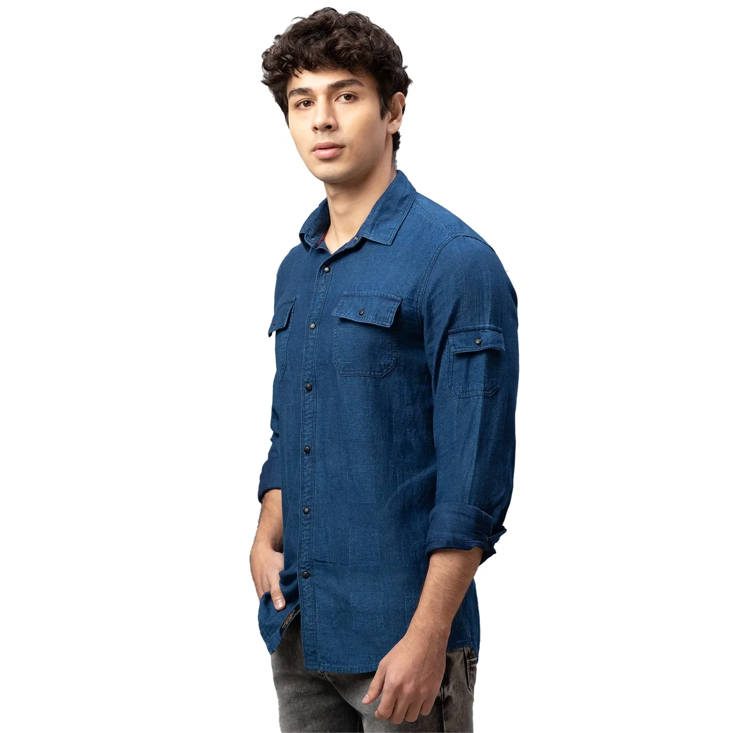 Blue Slim Straight Fit Regular Collar Long Sleeves Cotton Men's Shirt by Being Human Clothing - Image 4