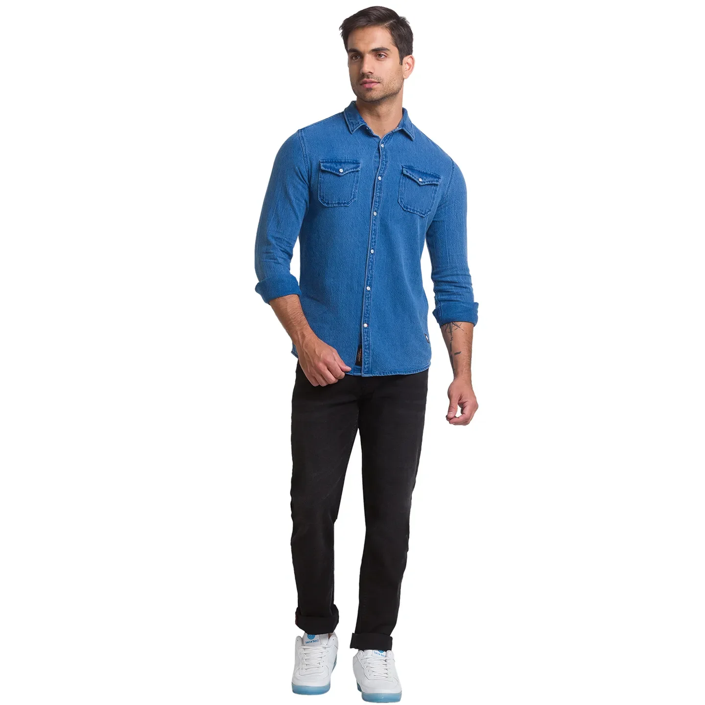 Blue Slim Straight Fit Regular Collar Long Sleeves Cotton Men's Shirt by Being Human Clothing - Image 4