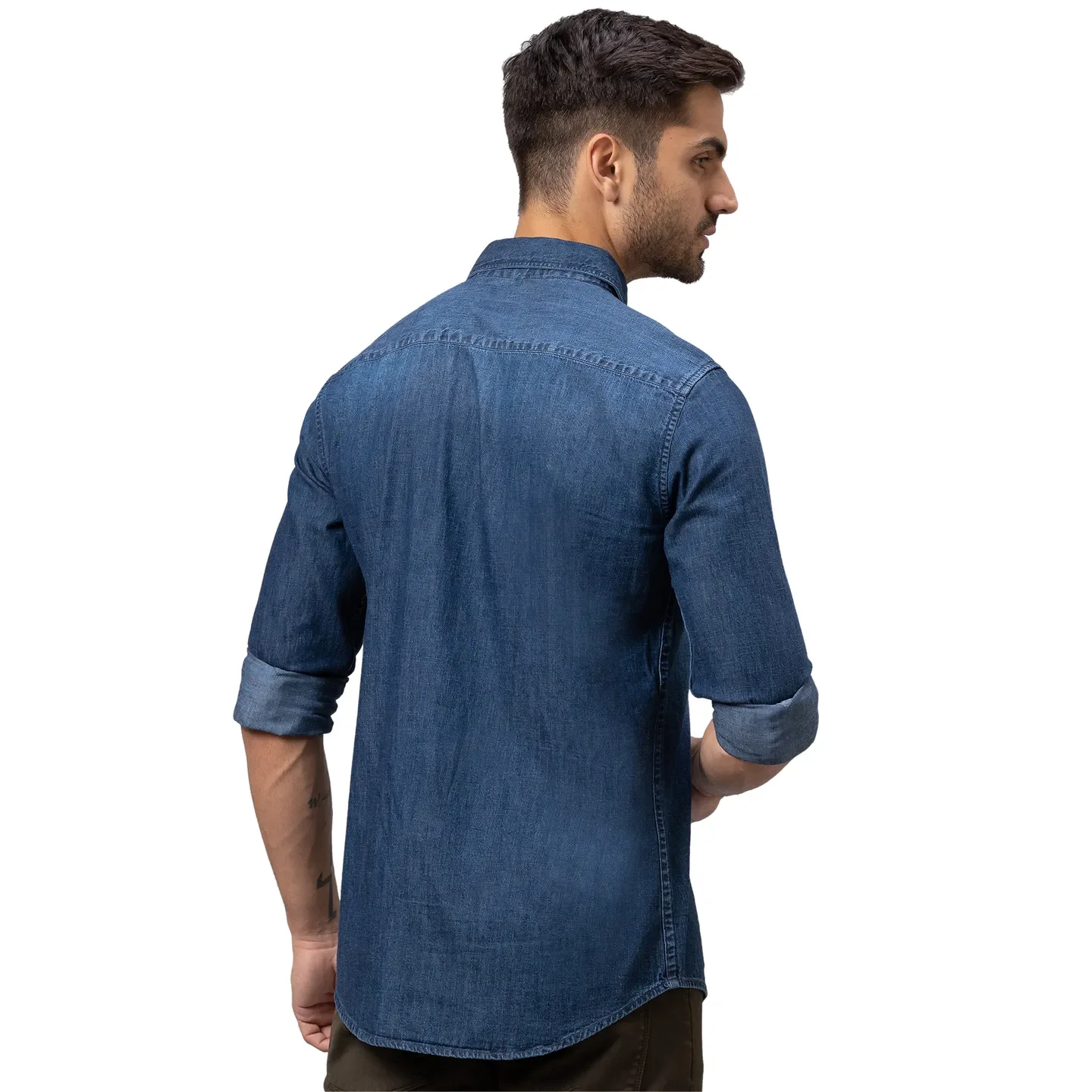 Blue Slim Straight Fit Regular Collar Long Sleeves Cotton Men's Shirt by Being Human Clothing - Image 3